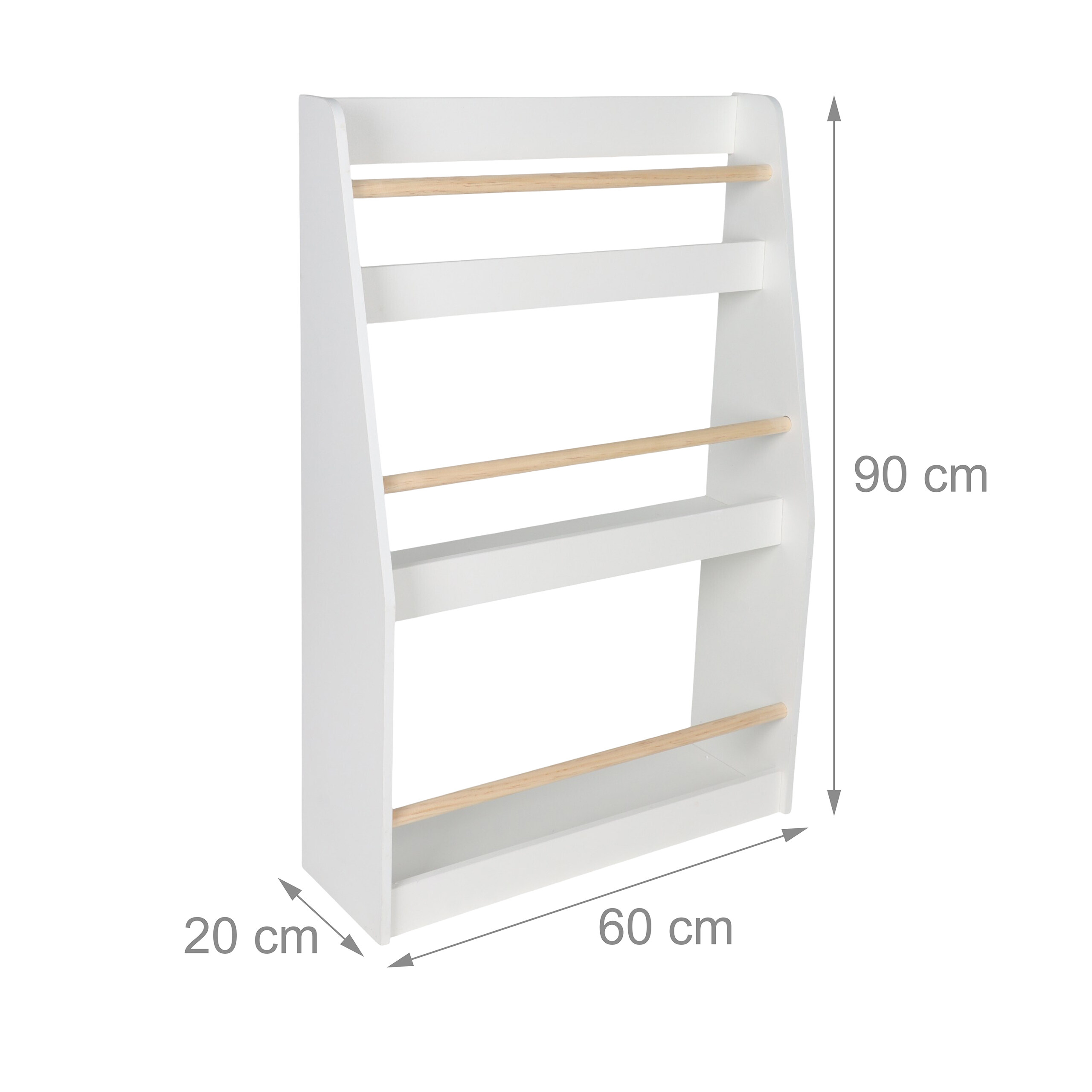 Weißes Holzbücherregal für Kinder mit Maßangaben von 90x60x20 cm.