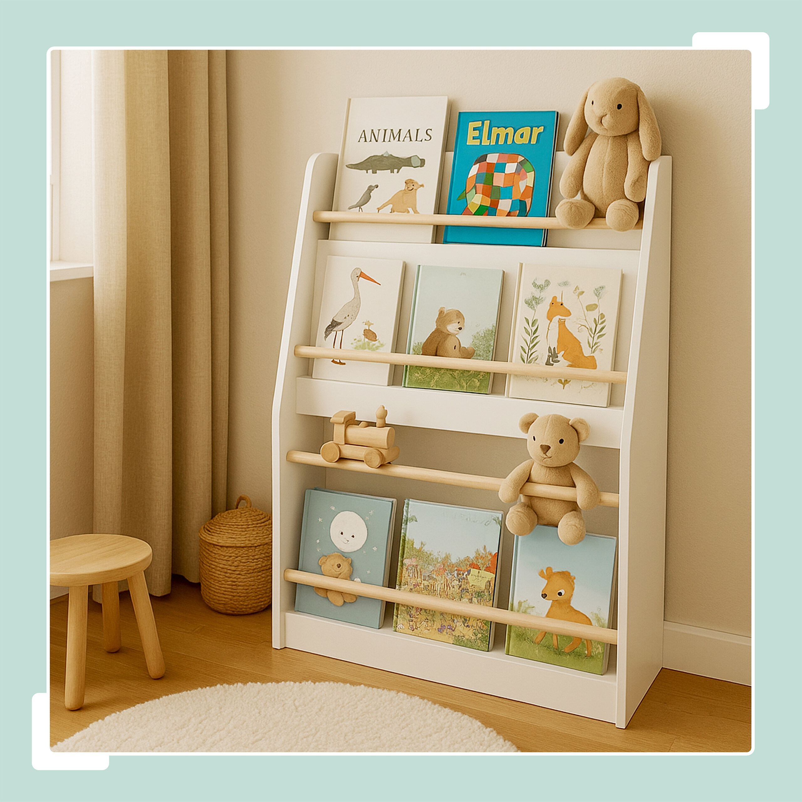 Ein weißes Kinderregal mit Bilderbüchern und Plüschtieren steht in einem hellen Zimmer.