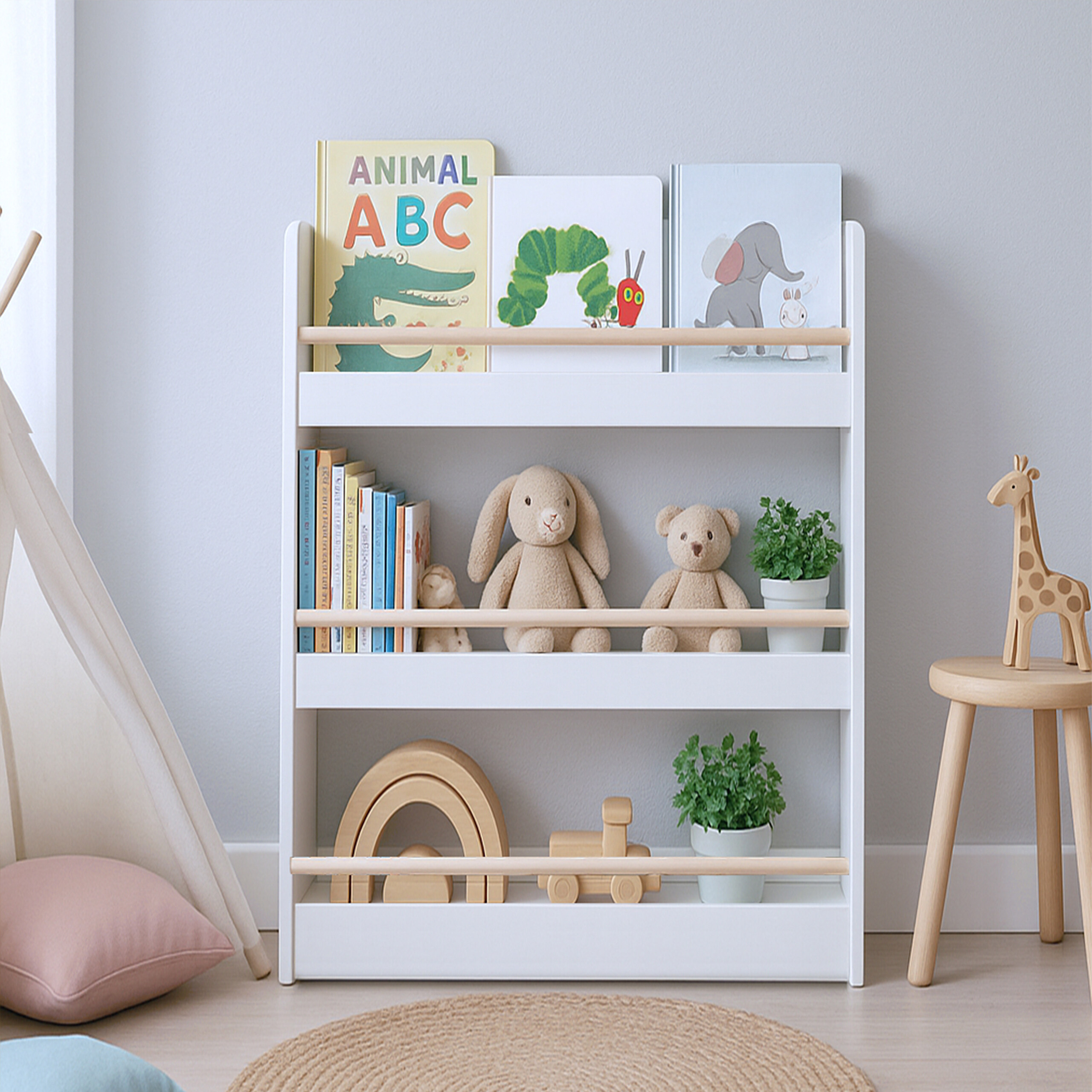 Ein weißes Bücherregal mit Holzstangen voller Kinderbücher, Plüschtieren und Holzspielzeug.