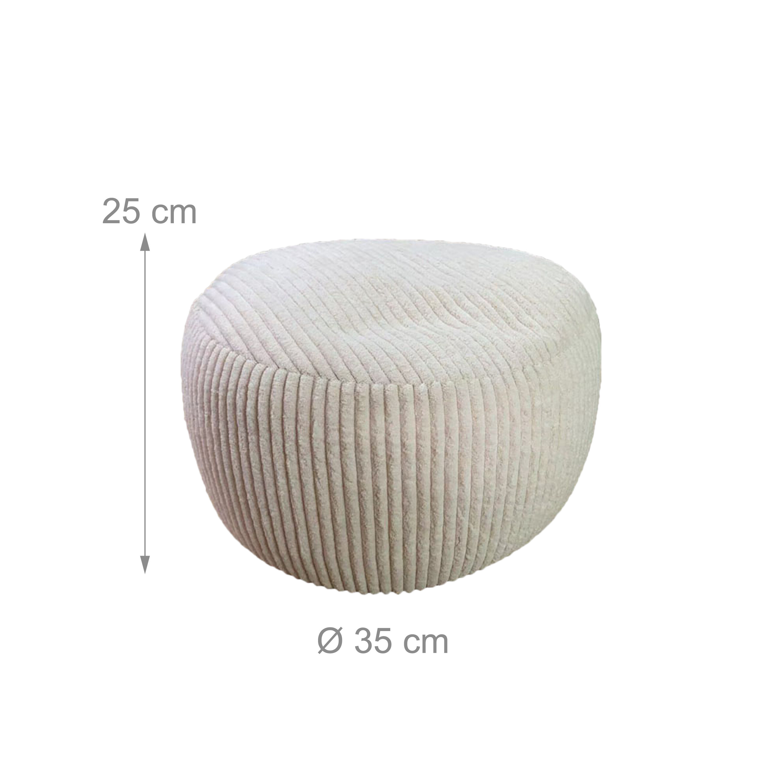 Beiger Cord-Puff mit 25 cm Höhe und 35 cm Durchmesser auf weißem Hintergrund.
