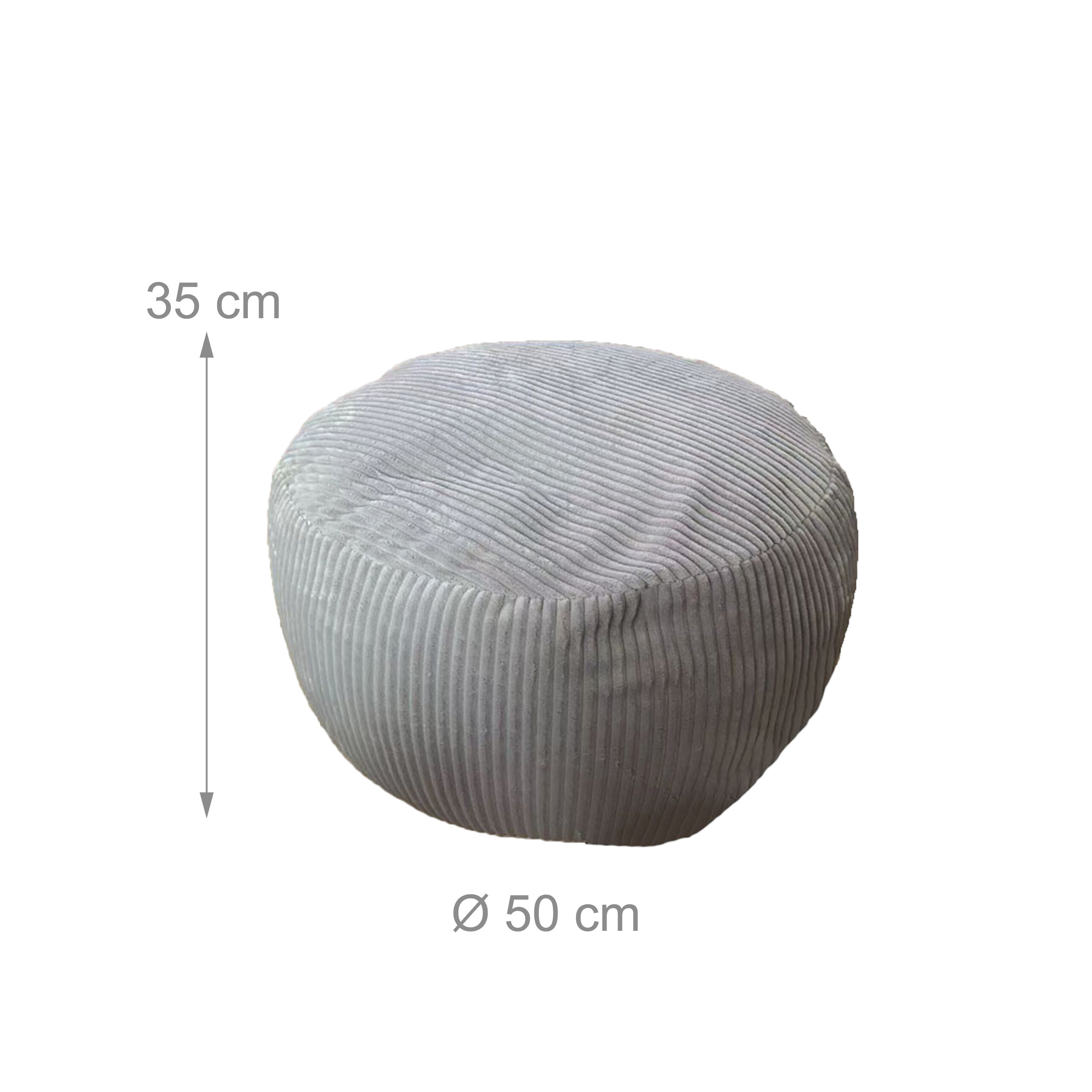 Grauer Cord-Puff mit 50 cm Durchmesser und 35 cm Höhe auf weißem Hintergrund.