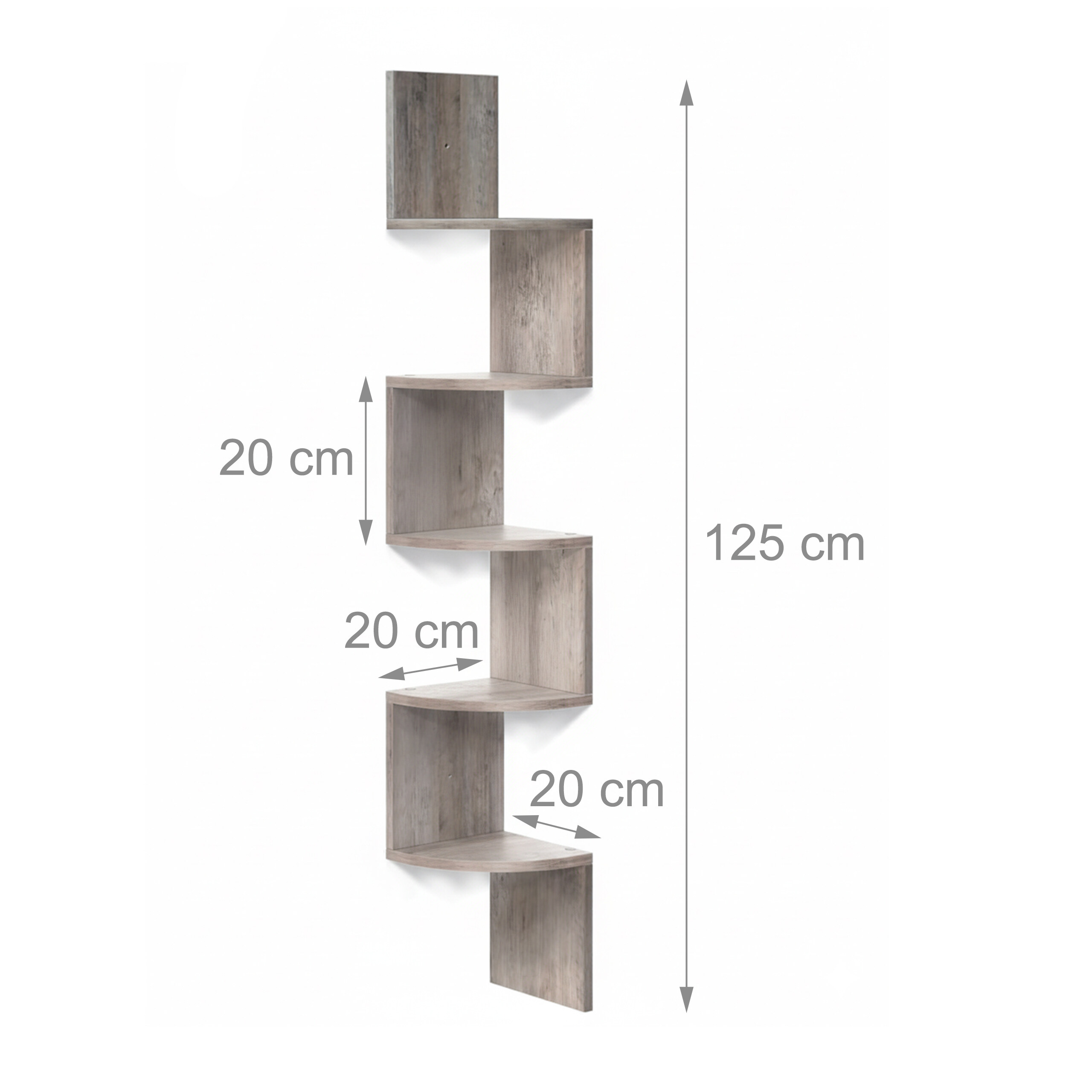 Ein Holz-Eckregal an einer weißen Wand mit Maßen von 125 cm Höhe und 20 cm Tiefe.