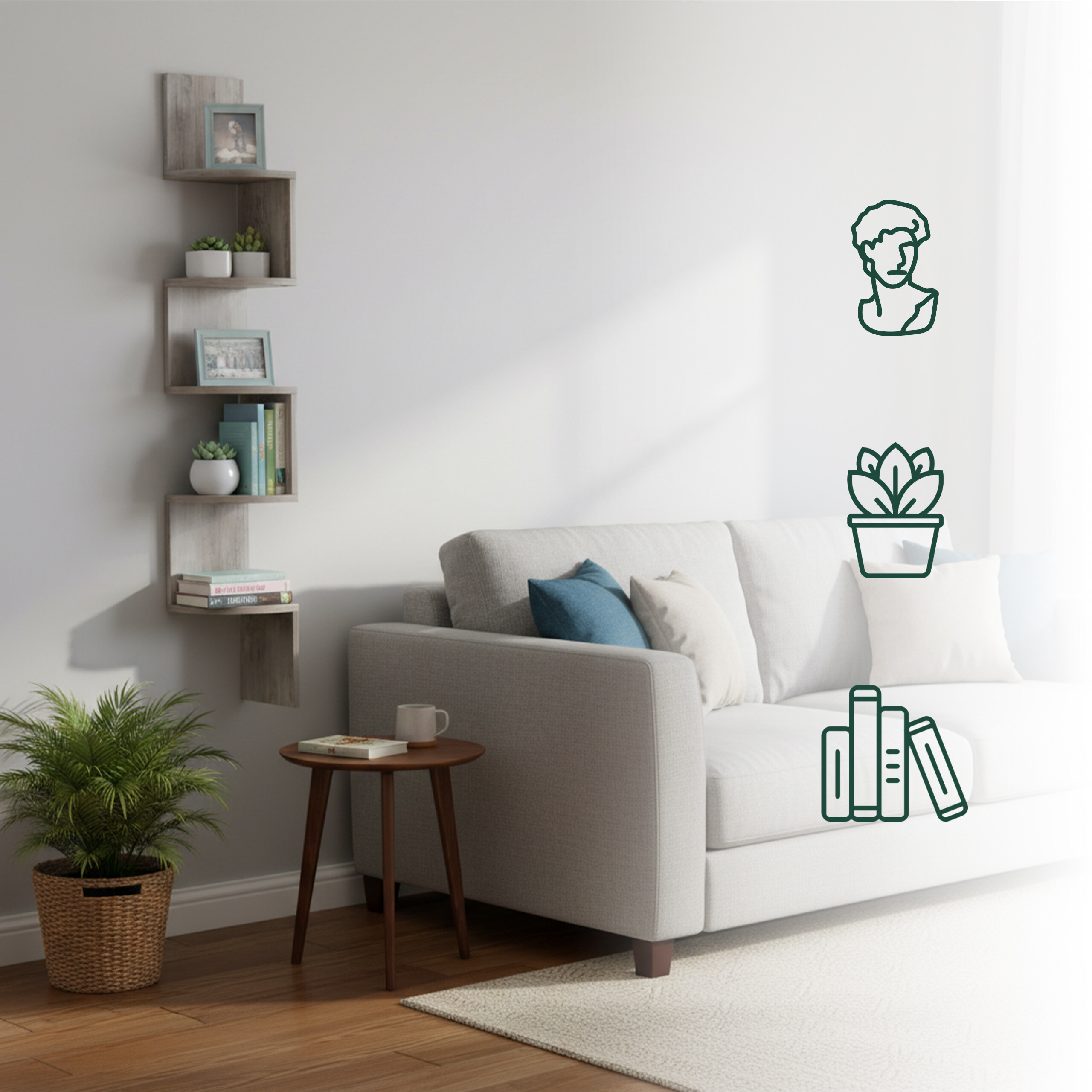 Ein helles Wohnzimmer mit weißem Sofa, Eckregal, kleinem Tisch, Pflanze und Icons für Skulptur, Pflanze und Bücher.
