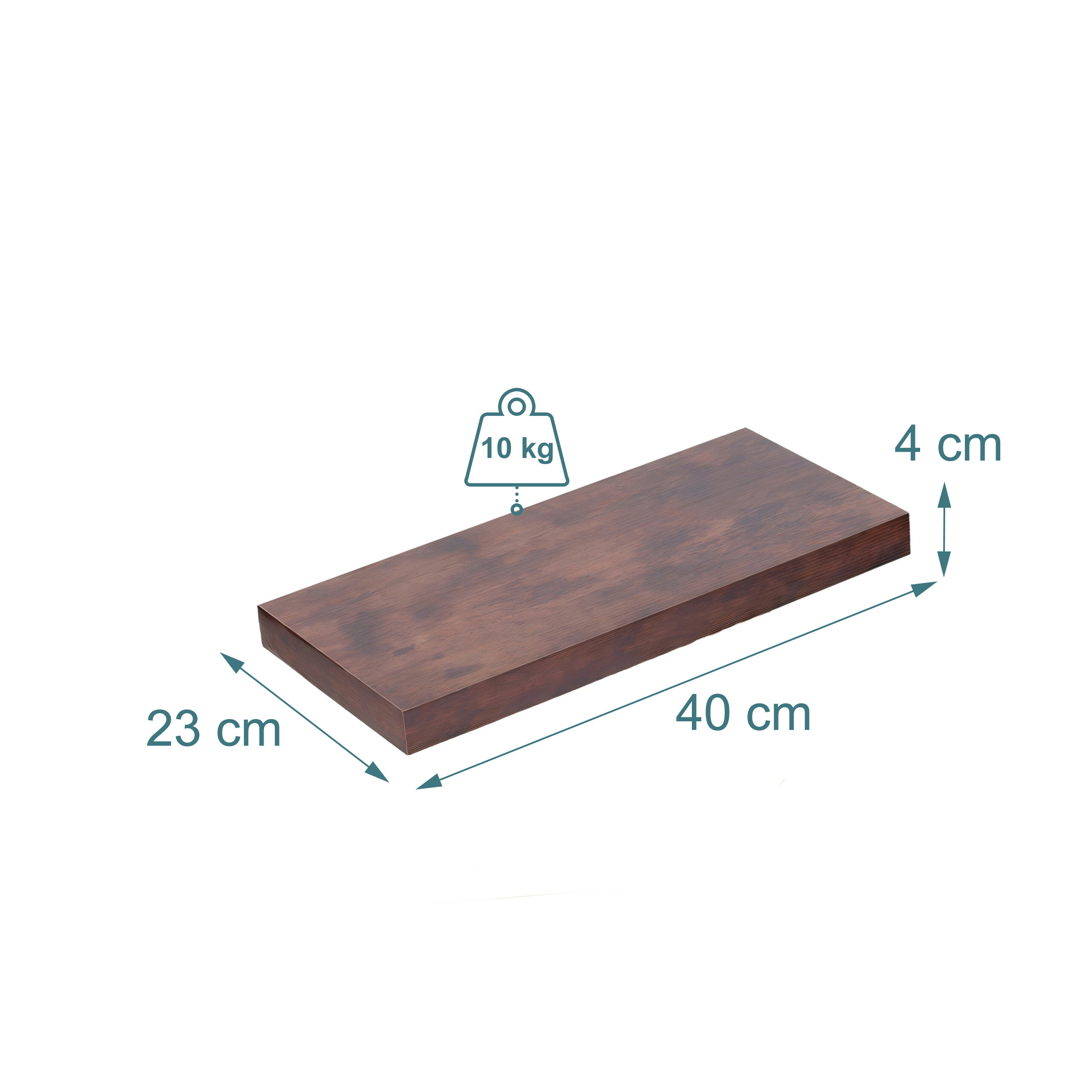 Dunkles Holzregal mit den Maßen 40x23x4 cm und 10 kg Gewichtslimit.