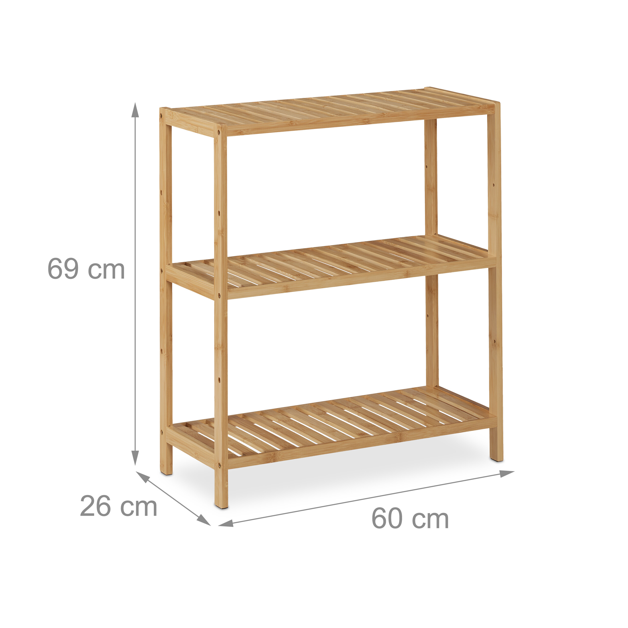 Ein dreistöckiges Bambusregal mit Maßen von 69 cm Höhe, 60 cm Breite und 26 cm Tiefe.