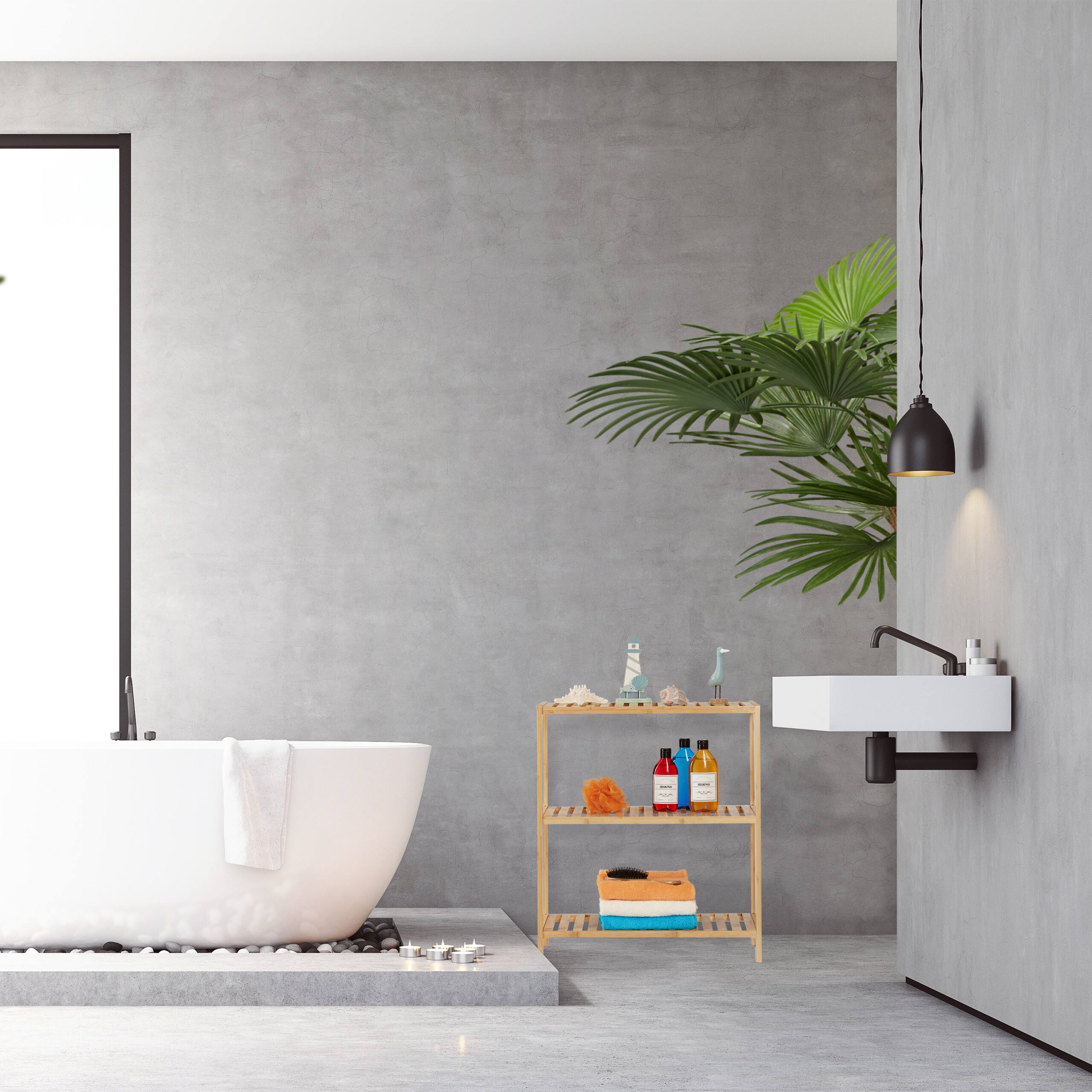 Modernes graues Badezimmer mit Badewanne, Waschbecken, Holzlagerregal und großen Pflanzenblättern.