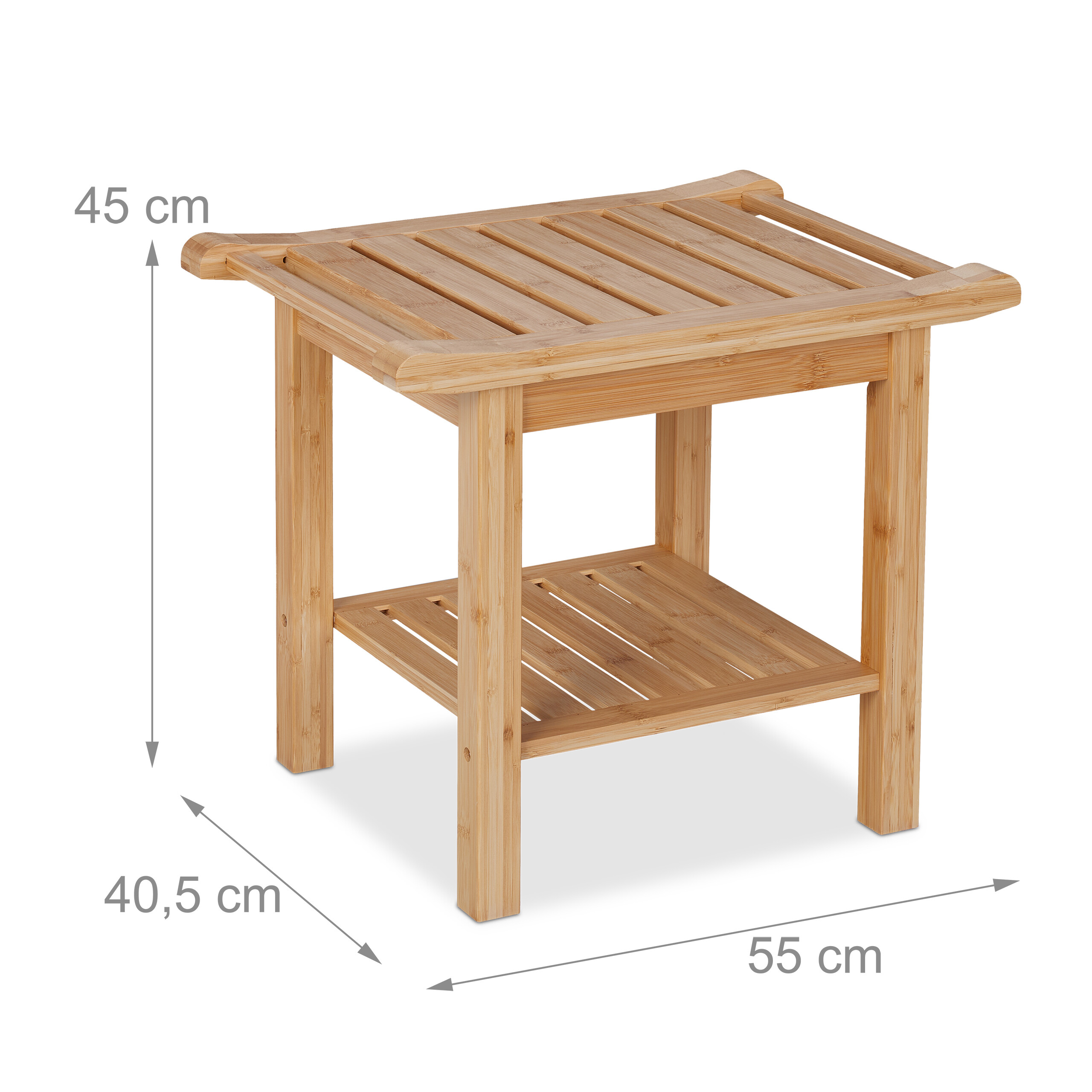Bambusbank mit unterem Regal, 55 cm breit, 40,5 cm tief und 45 cm hoch.