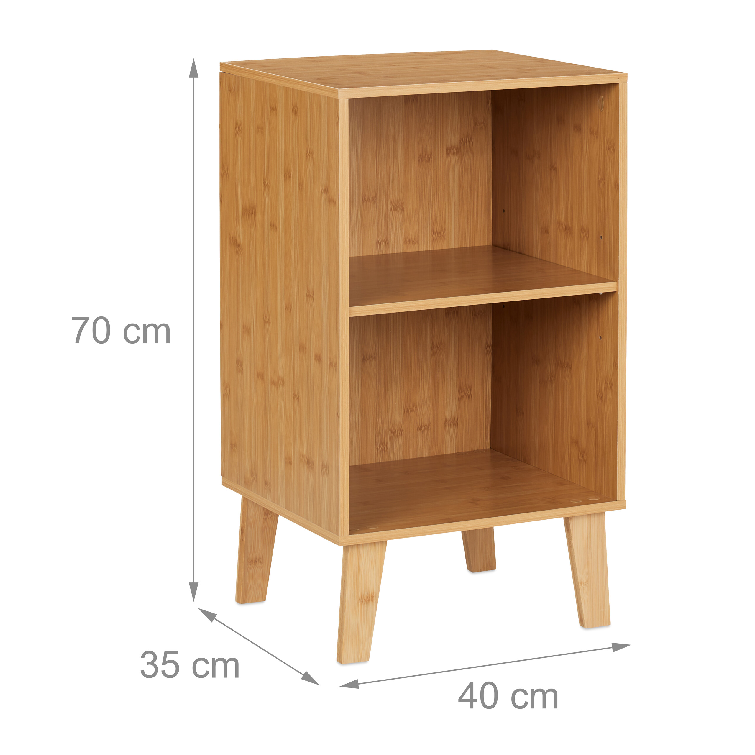 Ein hölzernes Regal mit Abmessungen von 70x40x35 cm auf vier Beinen gegen einen weißen Hintergrund.