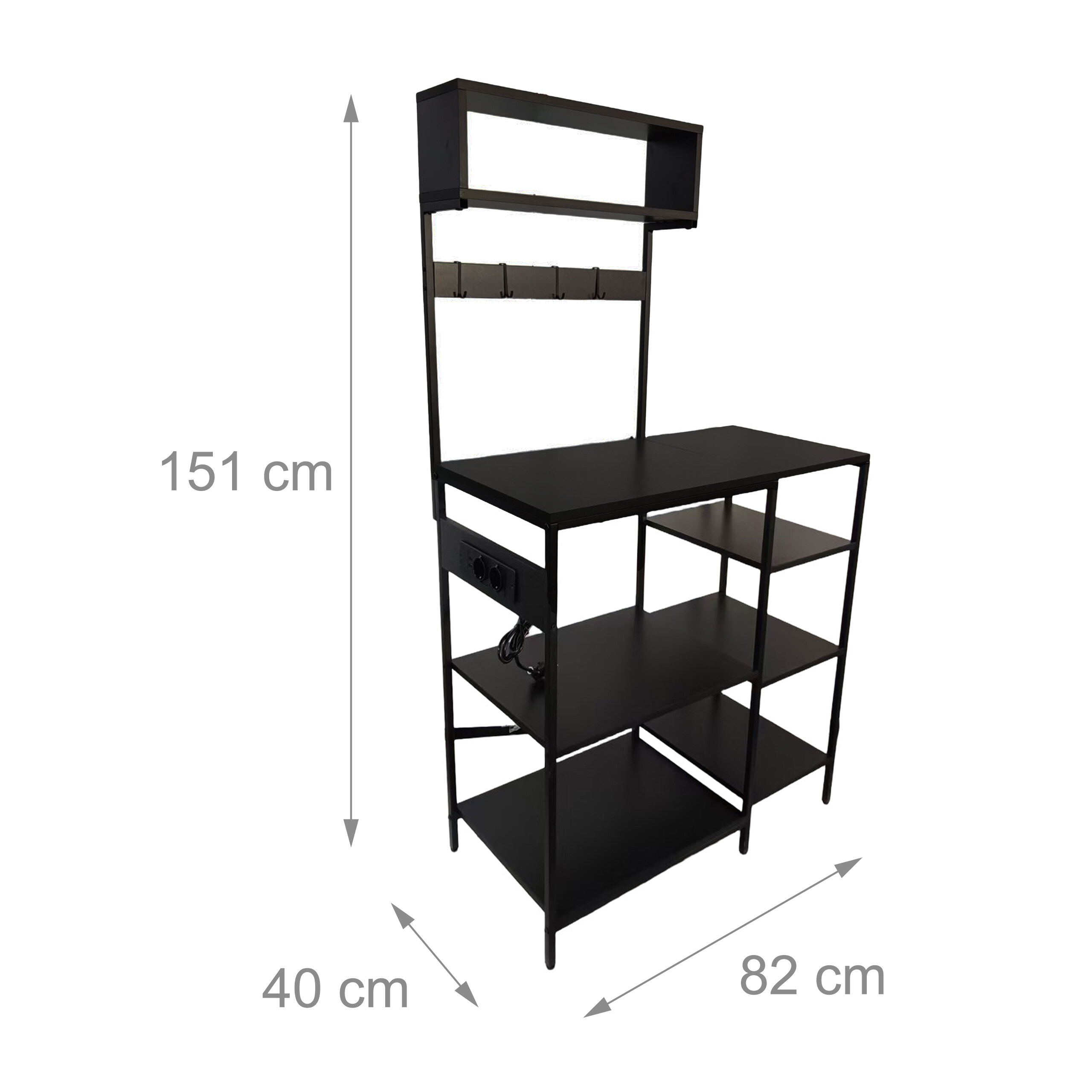 Schwarzes Mehrzweckregal mit Maßen: 151 cm Höhe, 82 cm Breite und 40 cm Tiefe.