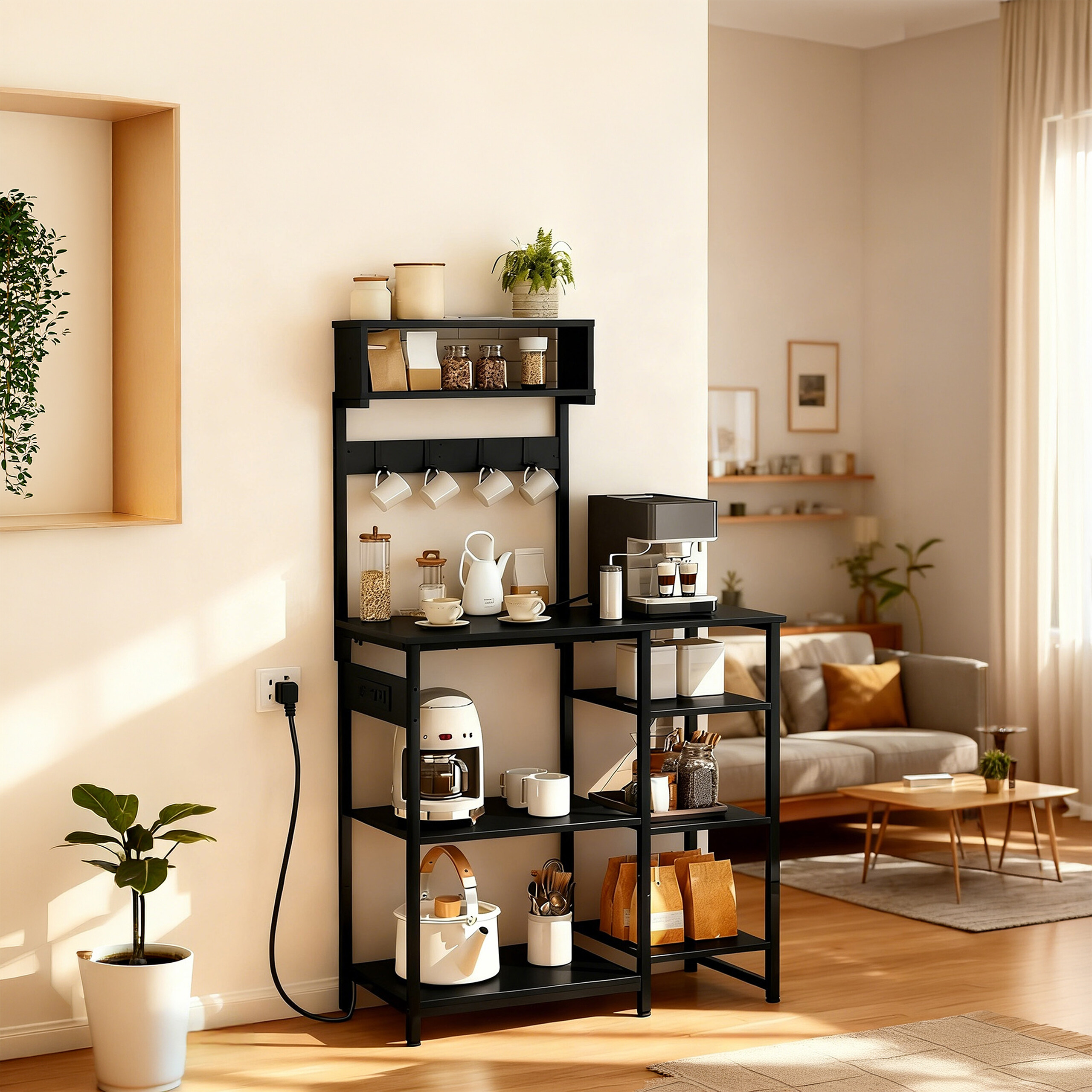 Ein schwarzes Metallregal mit Kaffeemaschine, Tassen, Vorratsdosen und Pflanzen im hellen Wohnzimmer.