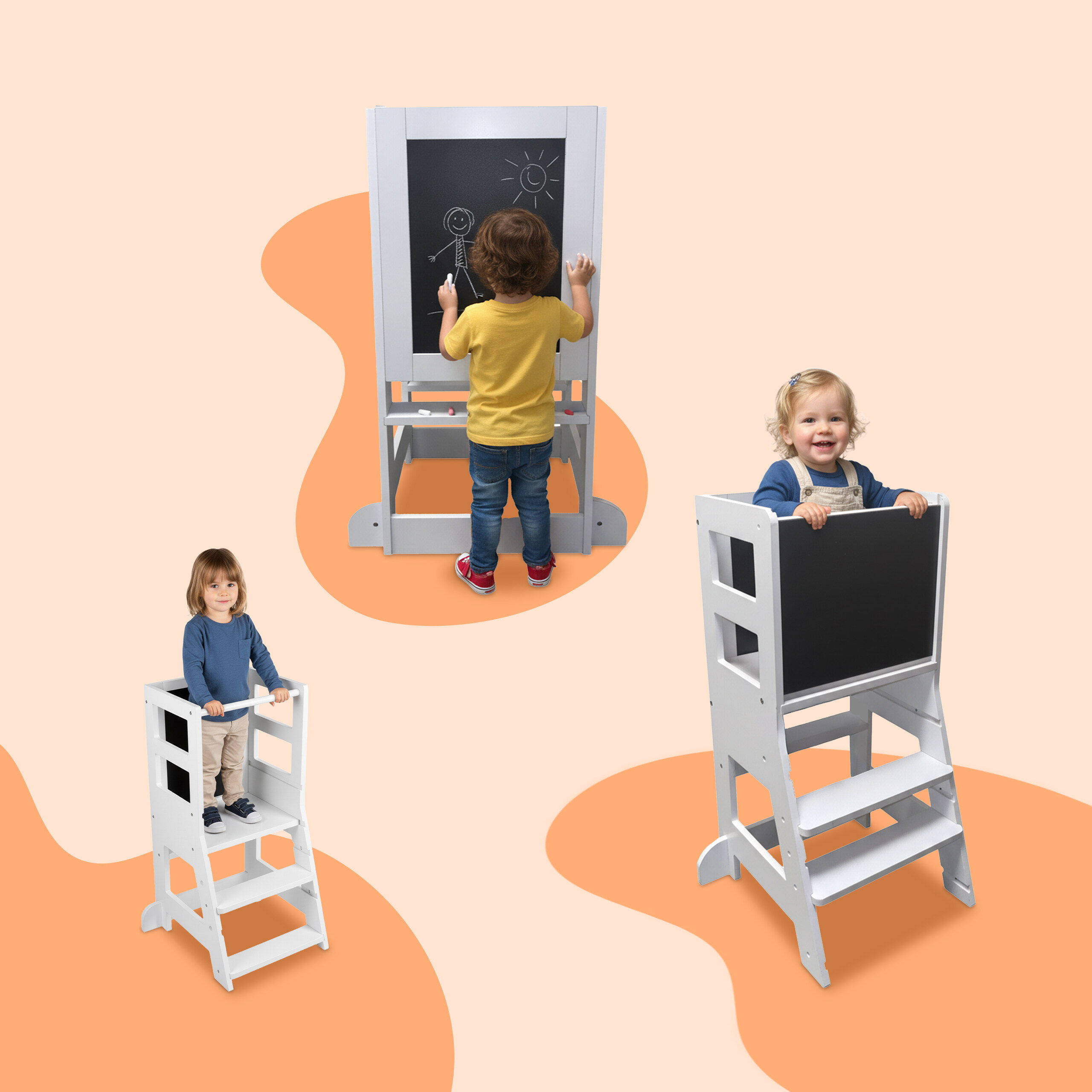 Kleinkinder nutzen einen weißen Lernturm mit integrierter Tafel.
