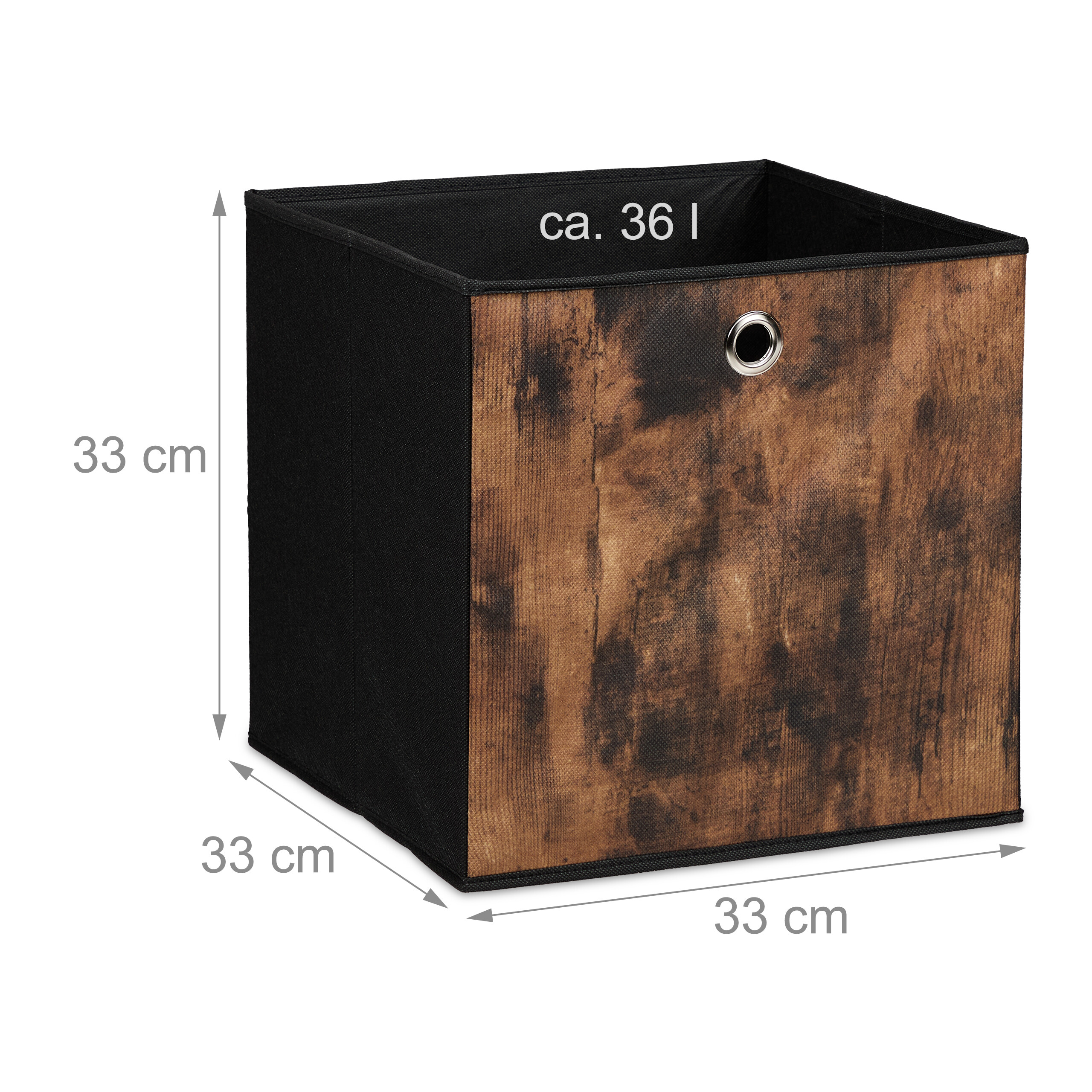 Faltbare braune Holzmuster-Aufbewahrungsbox mit Maßen 33x33x33 cm und Metallöse.