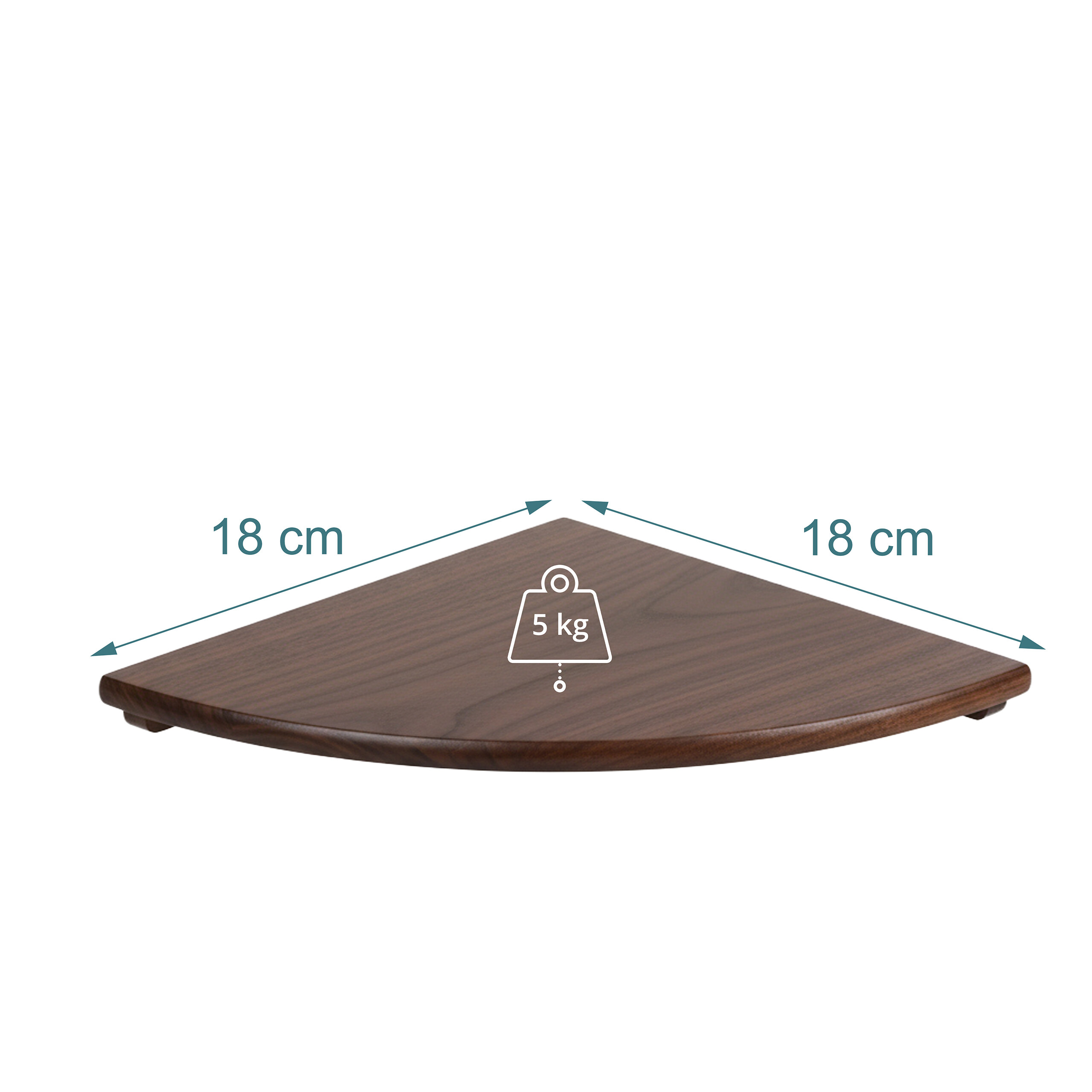 Ein hölzernes Eckregal mit 18 cm Seiten und einem 5 kg Kapazitätssymbol.