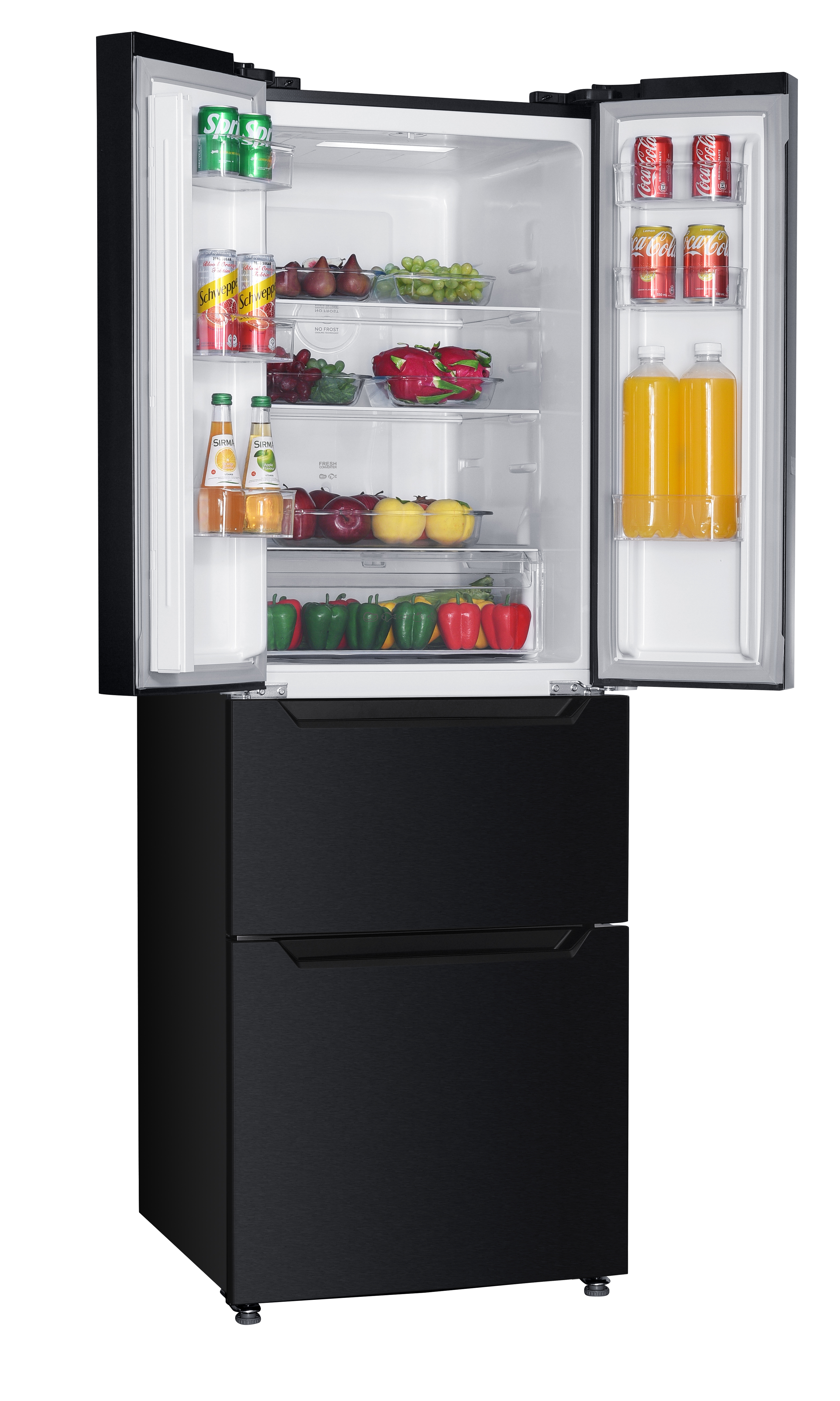 Un réfrigérateur noir ouvert rempli de fruits, de boissons et de légumes.