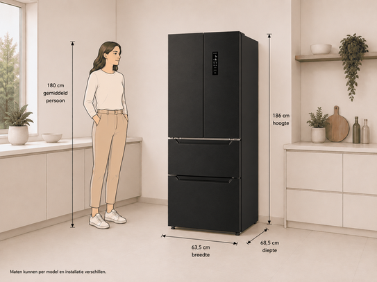 Un réfrigérateur noir multi-portes dans une cuisine moderne, présenté avec des dimensions et une personne pour l'échelle.