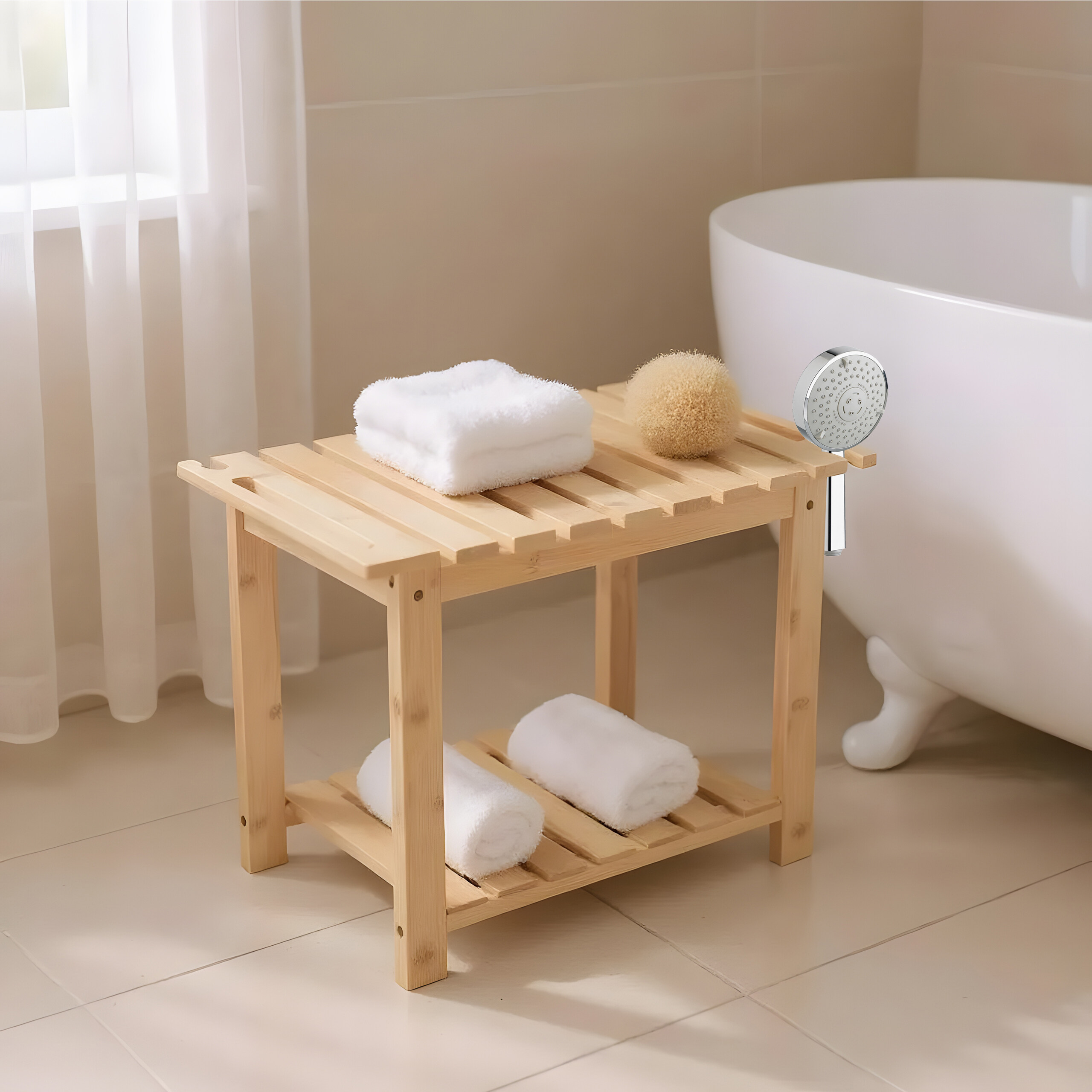 Ein hölzernes Badregal mit weißen Handtüchern und einem Schwamm steht in einem Badezimmer neben einer weißen Wanne.