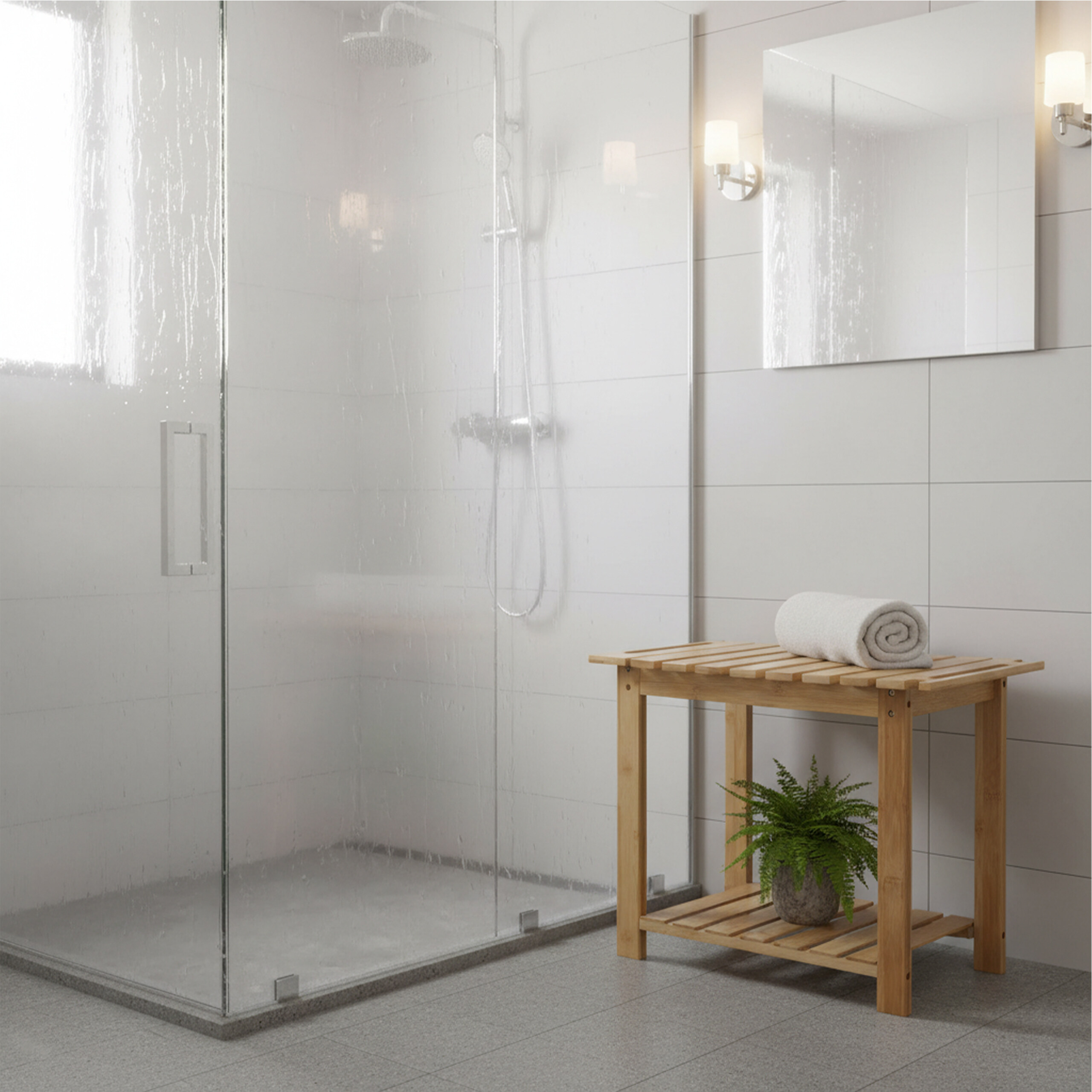 Moderne Dusche mit Glastür, Holzbank mit gerolltem Handtuch und Pflanze, Spiegel und weiße Fliesenwände.