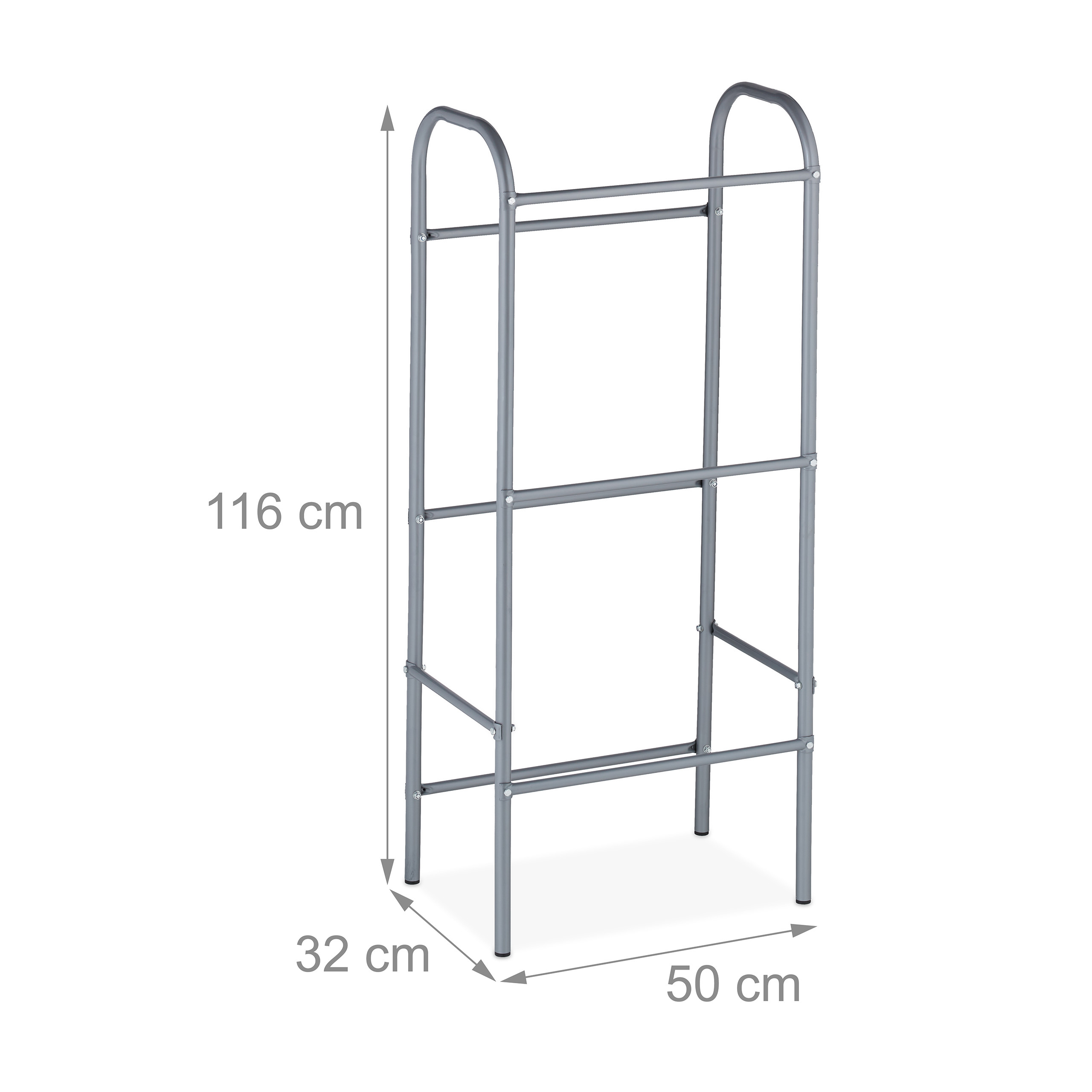 Graues Metallgestell mit Maßangaben von 116 cm Höhe, 32 cm Tiefe und 50 cm Breite.