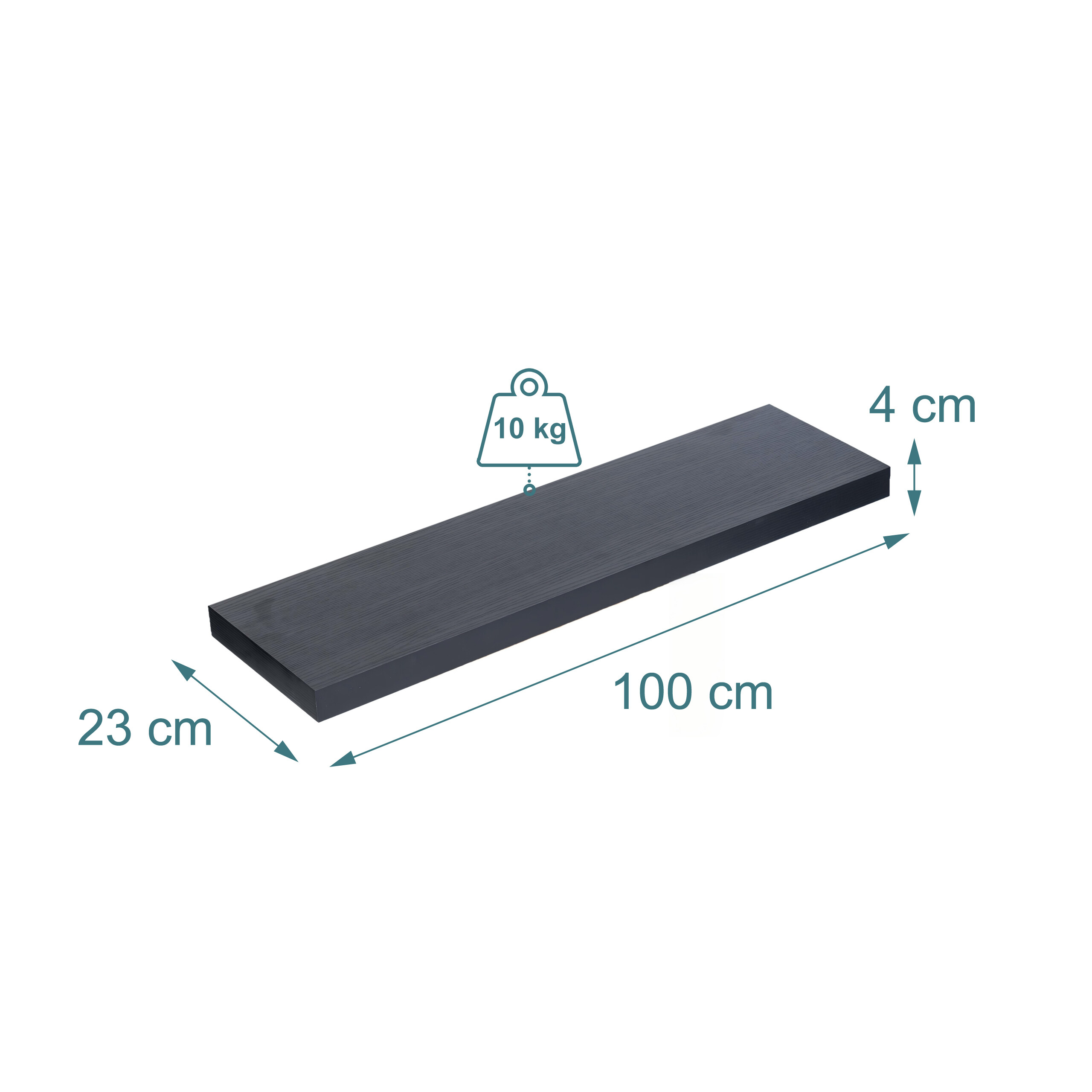 Ein schwarzes Wandregal, 100x23x4 cm, mit einer maximalen Belastbarkeit von 10 kg auf weißem Hintergrund.