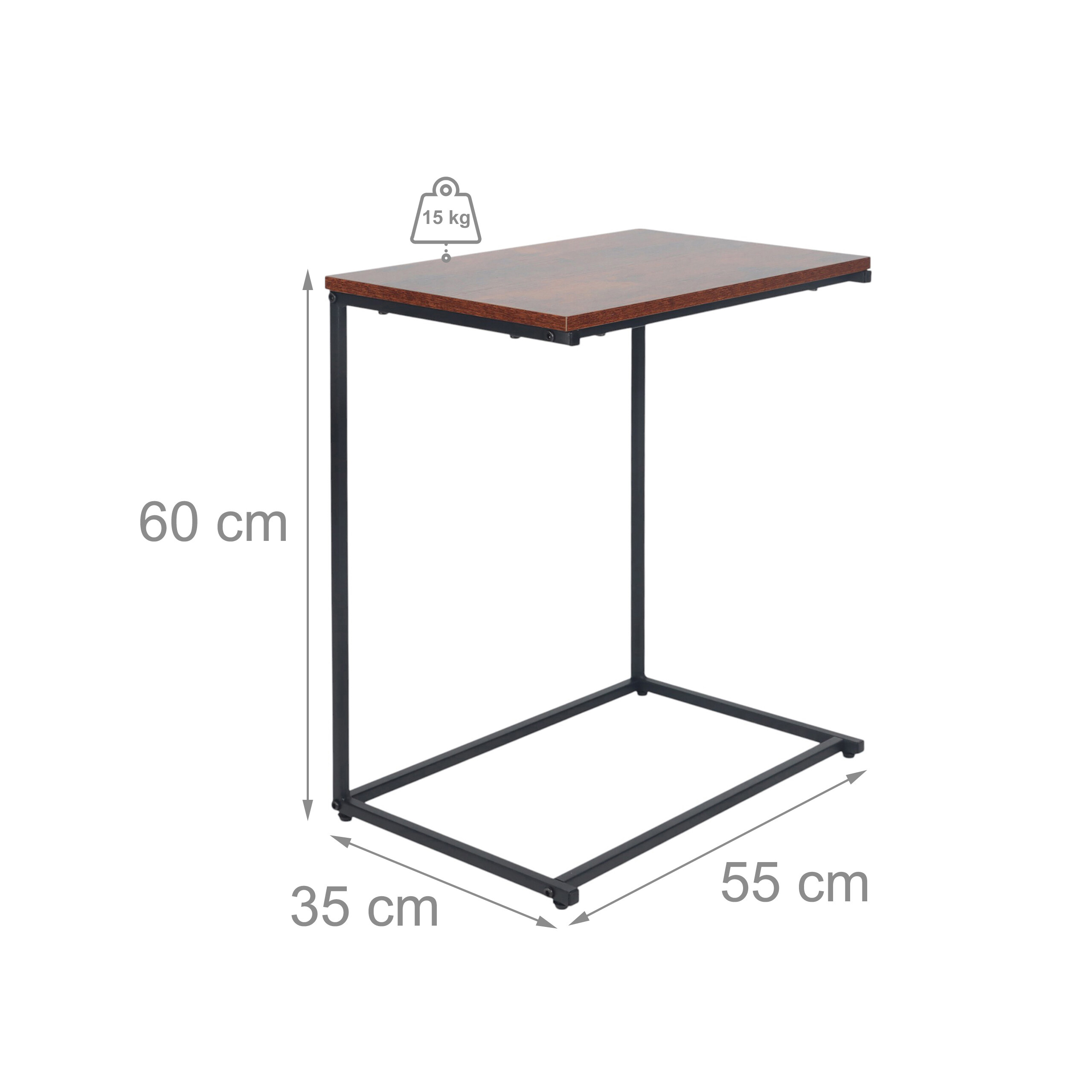 Ein C-förmiger Beistelltisch mit Holzmuster-Platte und schwarzem Metallgestell, Maße: 60 cm Höhe, 55 cm Länge, 35 cm Breite.