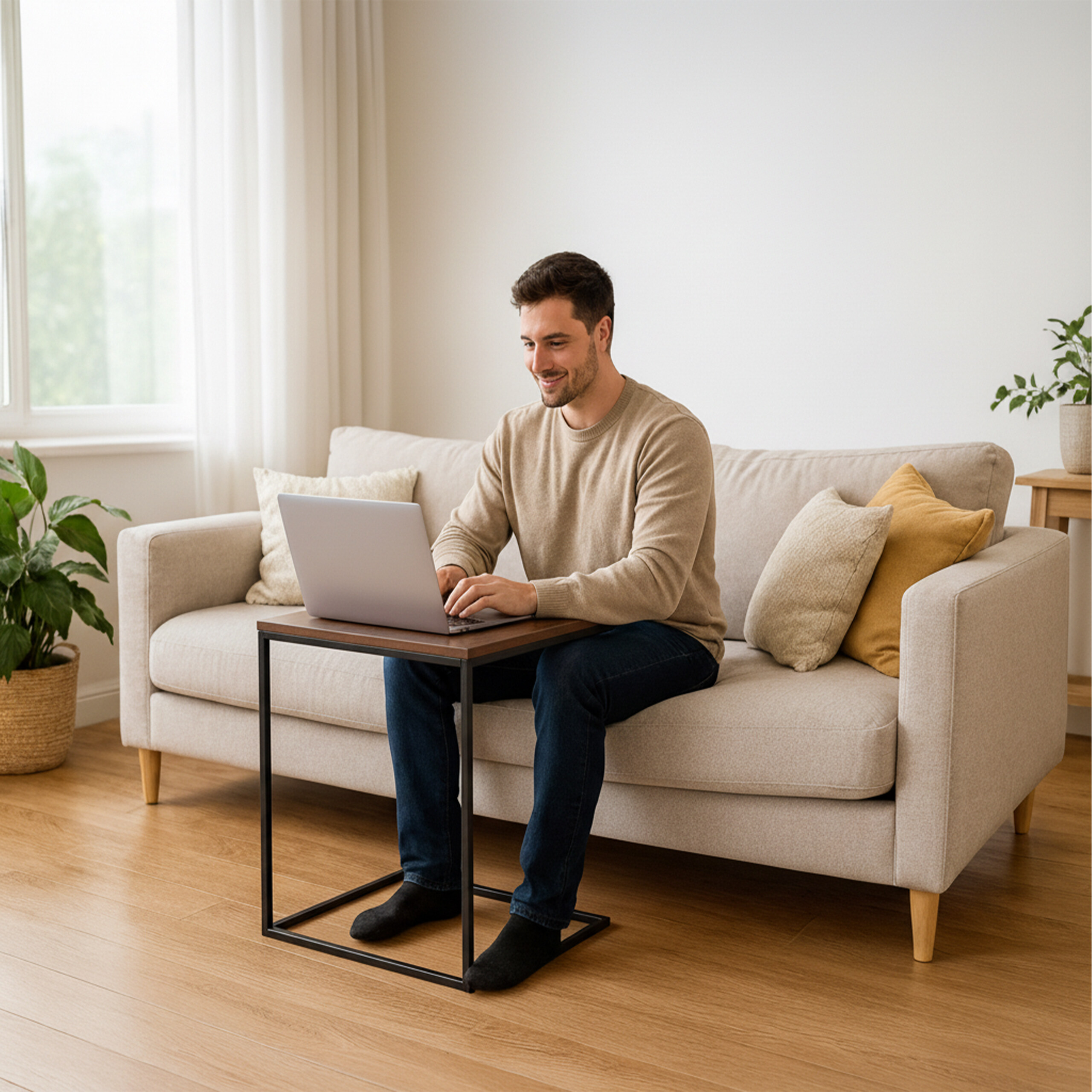 Ein lächelnder Mann sitzt auf einem beigen Sofa und tippt auf einem Laptop auf einem Tisch.