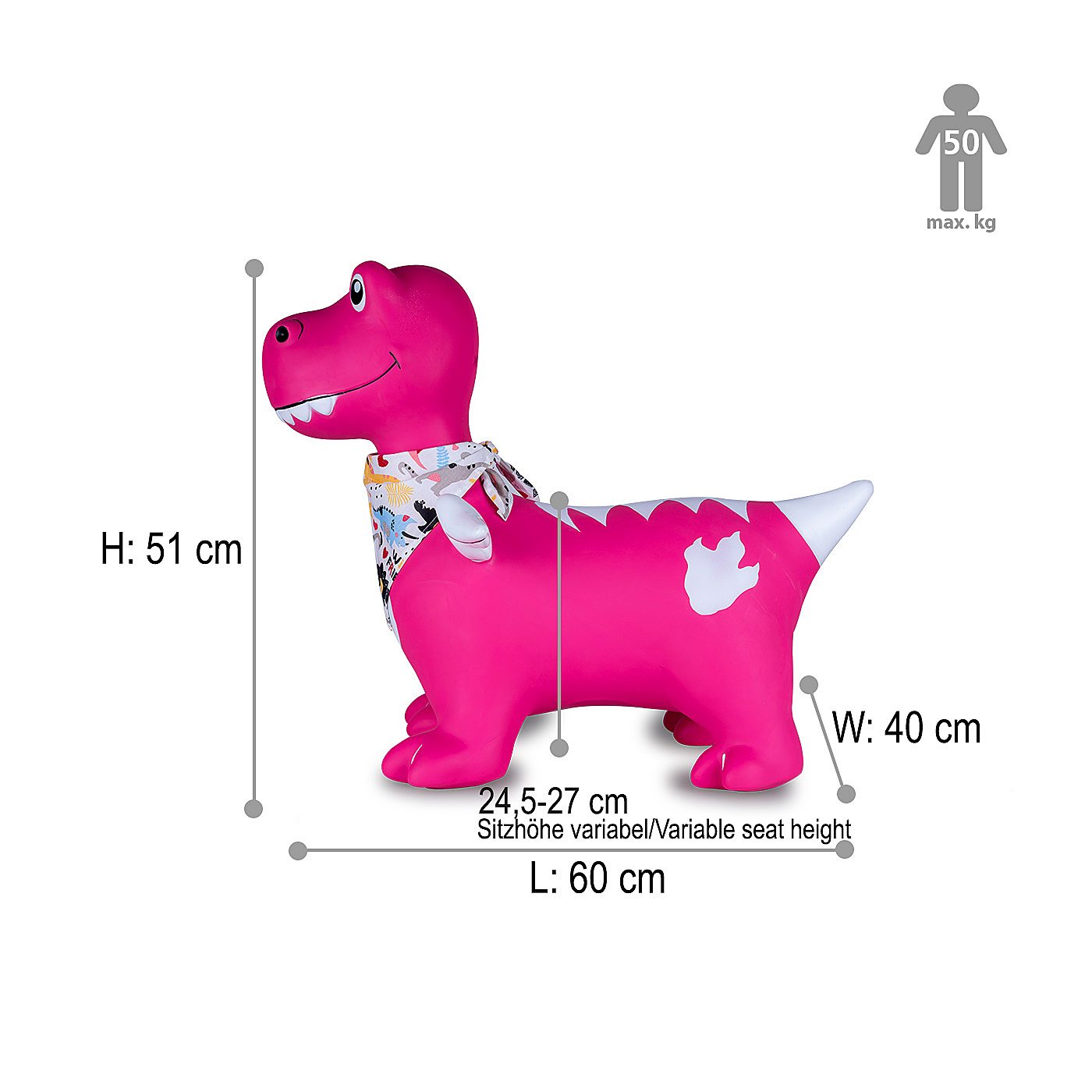 Un dinosauro gonfiabile rosa con sciarpa stampata e dimensioni di altezza, larghezza, lunghezza e seduta.