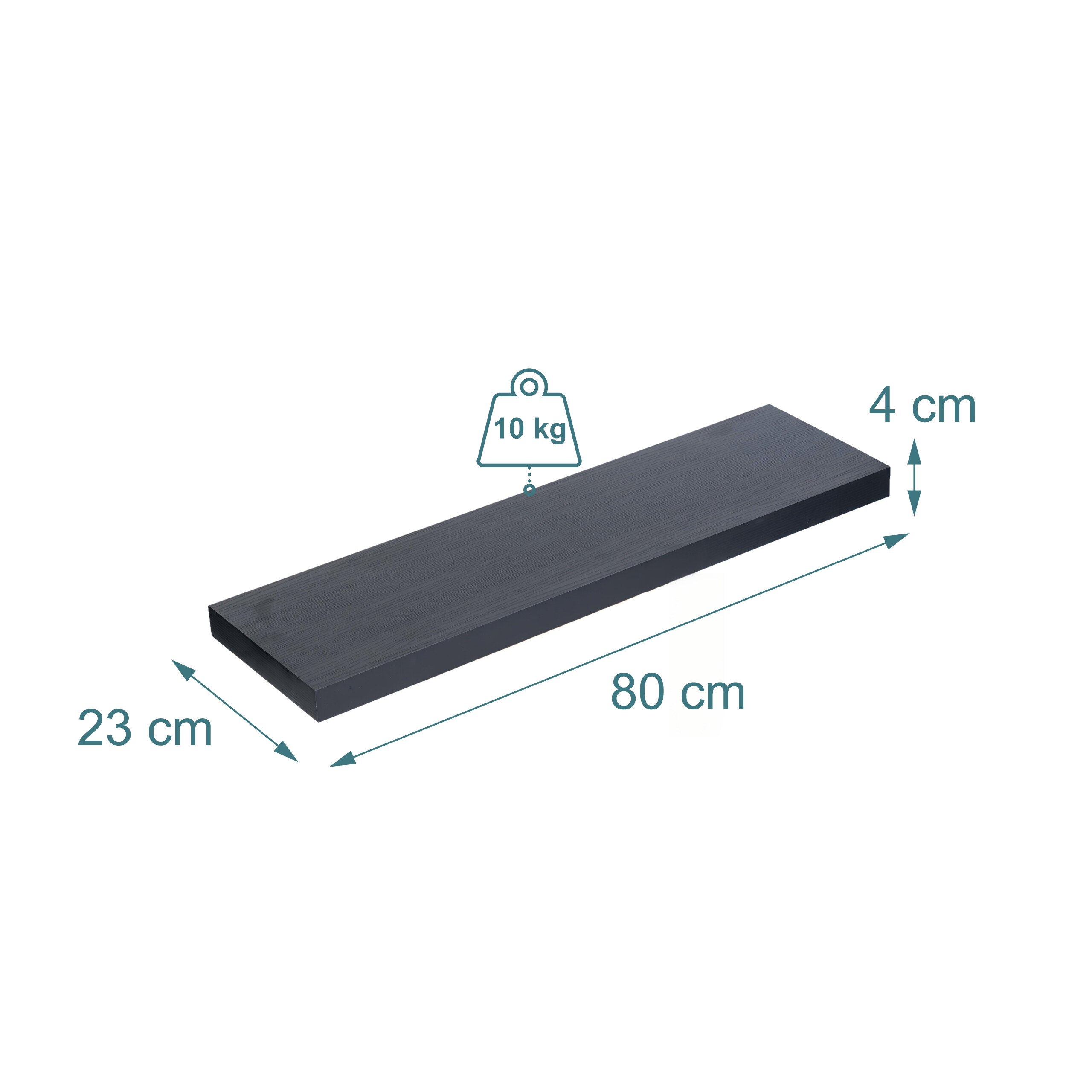 Ein schwarzes Wandregal mit Maßen 80x23x4 cm und 10 kg Belastbarkeit auf weißem Hintergrund.