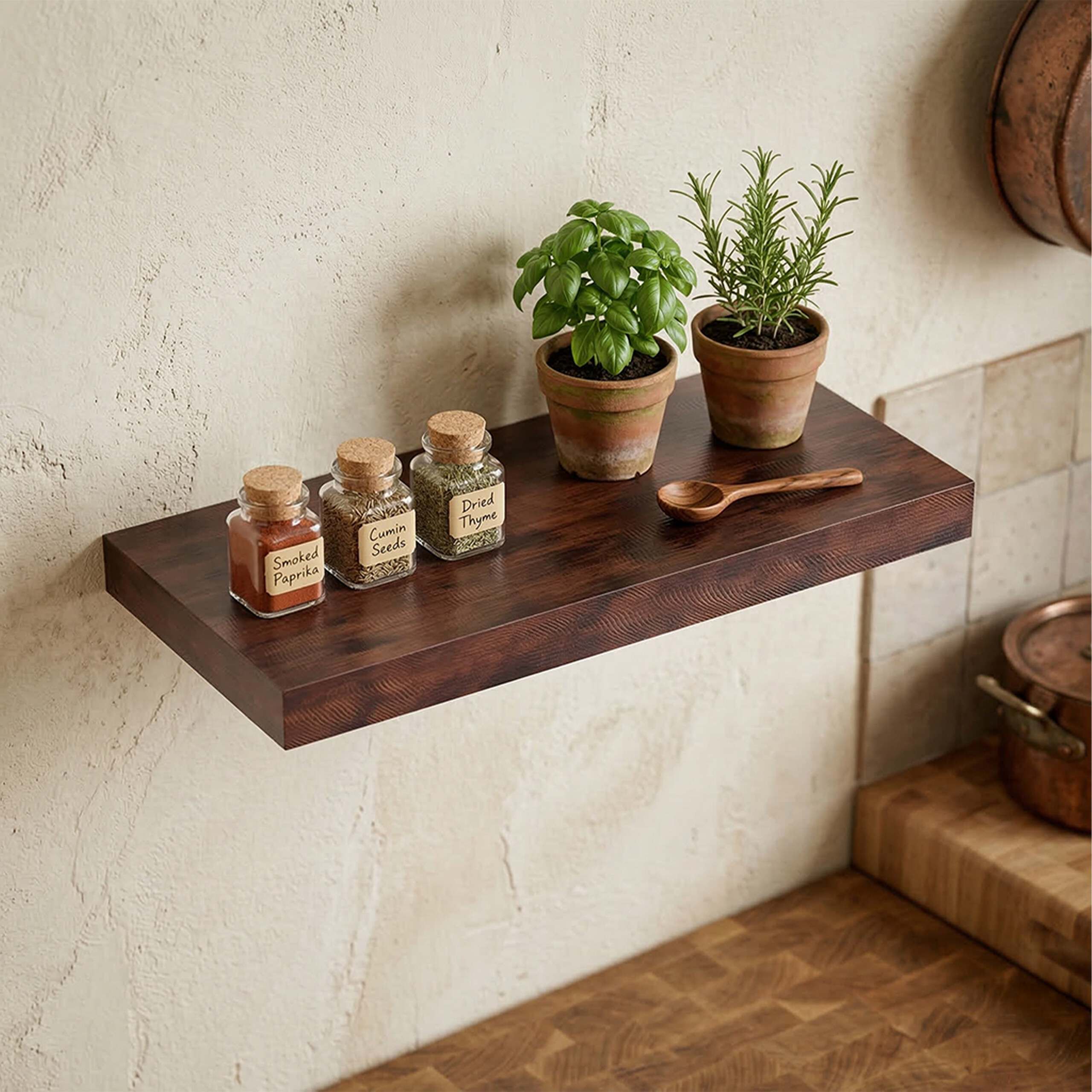Ein dunkles Holzregal an einer beigen Wand mit drei Gewürzgläsern, zwei kleinen Topfpflanzen und einem Holzlöffel.