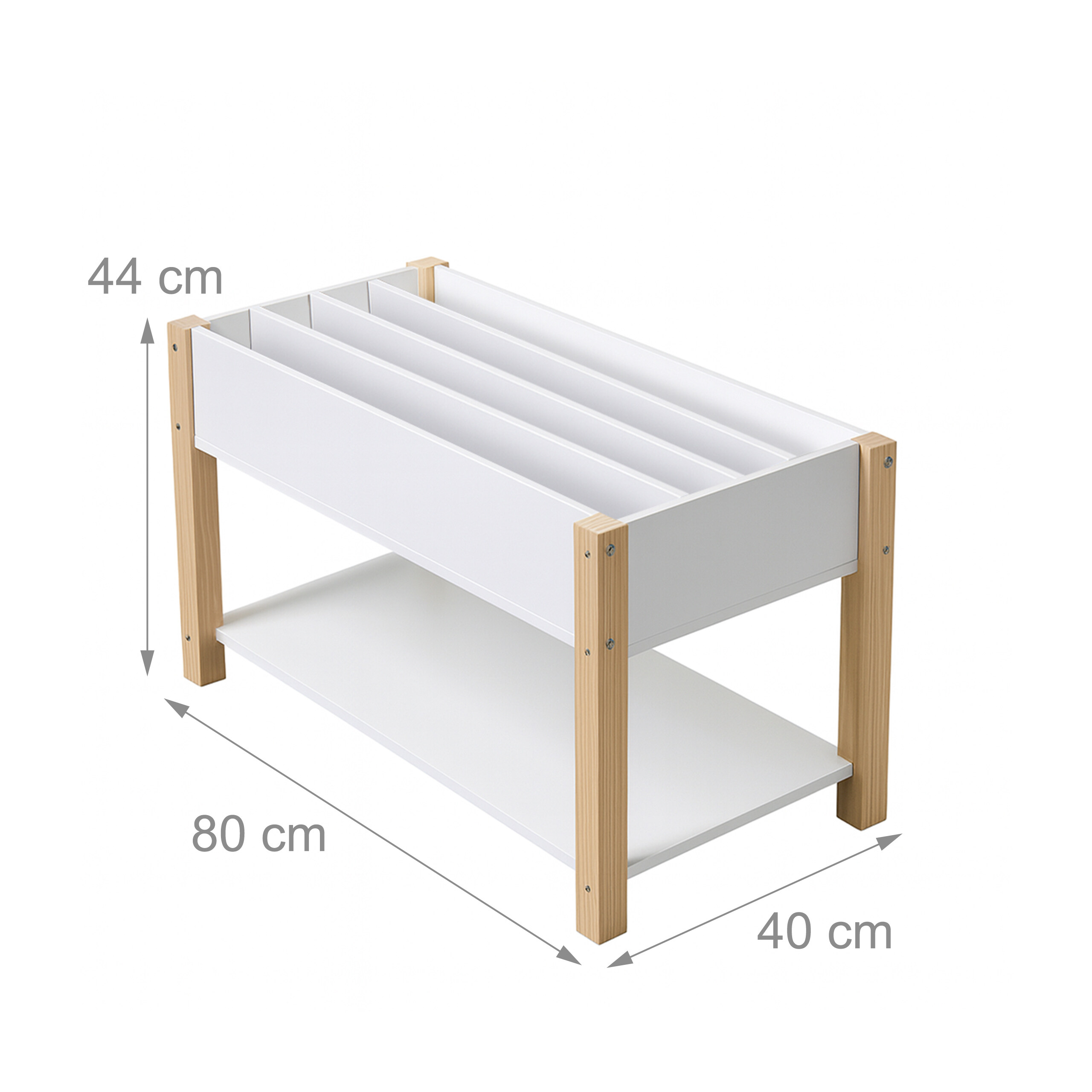 Weißes Holzregal mit vier geteilten oberen Fächern, unterer Ablage und Maßangaben von 80x40x44 cm.