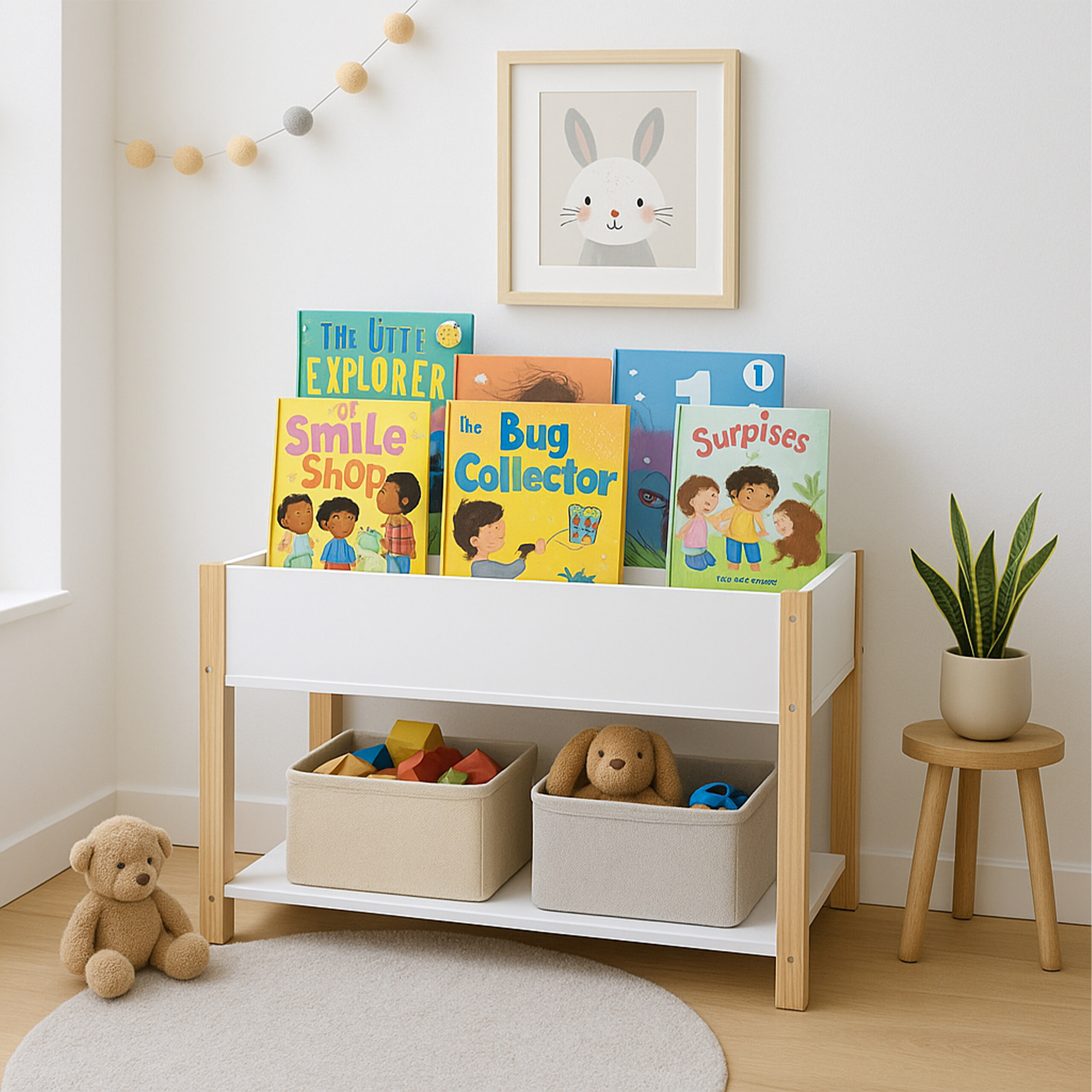 Ein weißes Holzregal für Kinder enthält bunte Bücher und Aufbewahrungsboxen mit Spielzeug.
