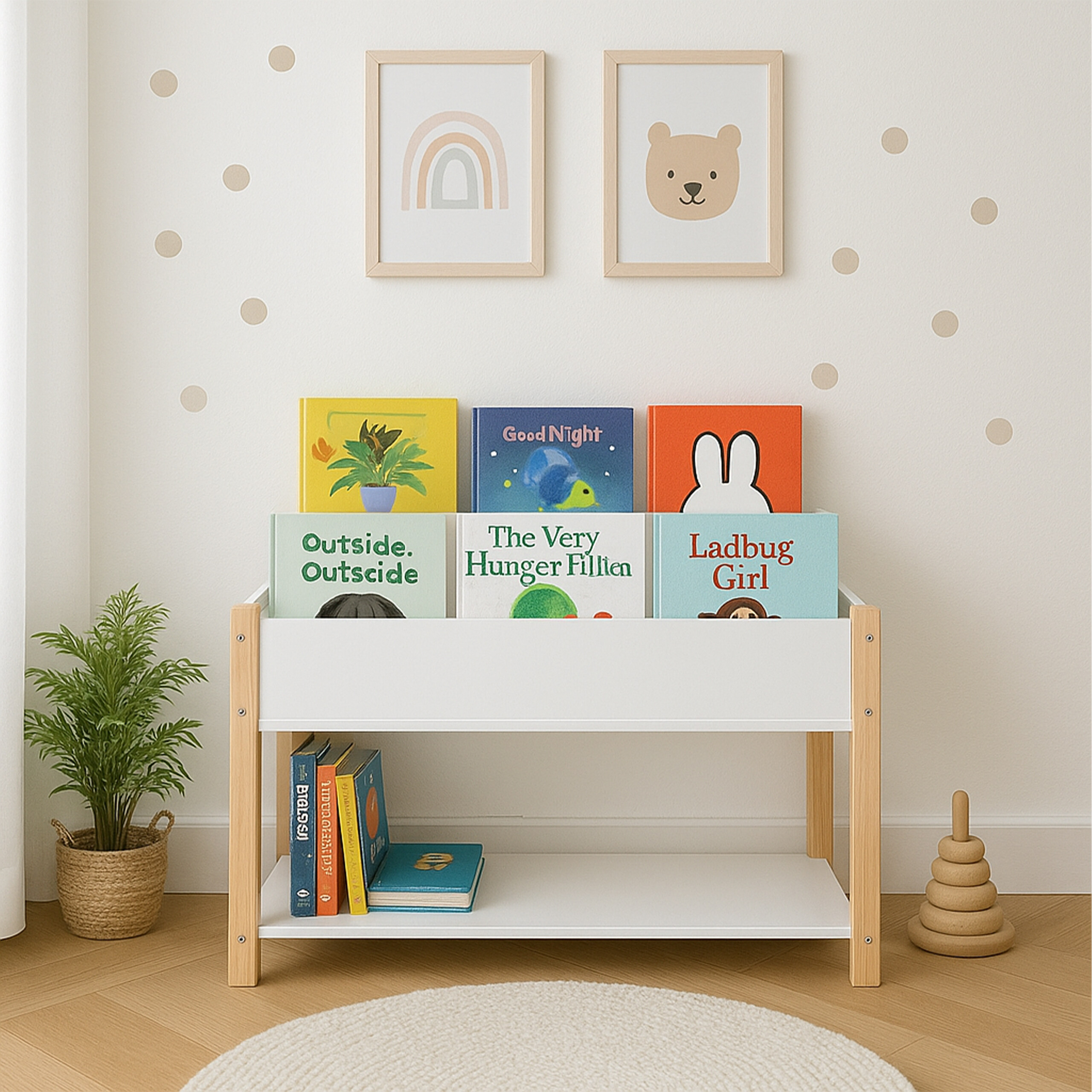 Ein weißes Kinderbücherregal mit bunten Büchern, flankiert von einer Topfpflanze und einem Holzspielzeug.
