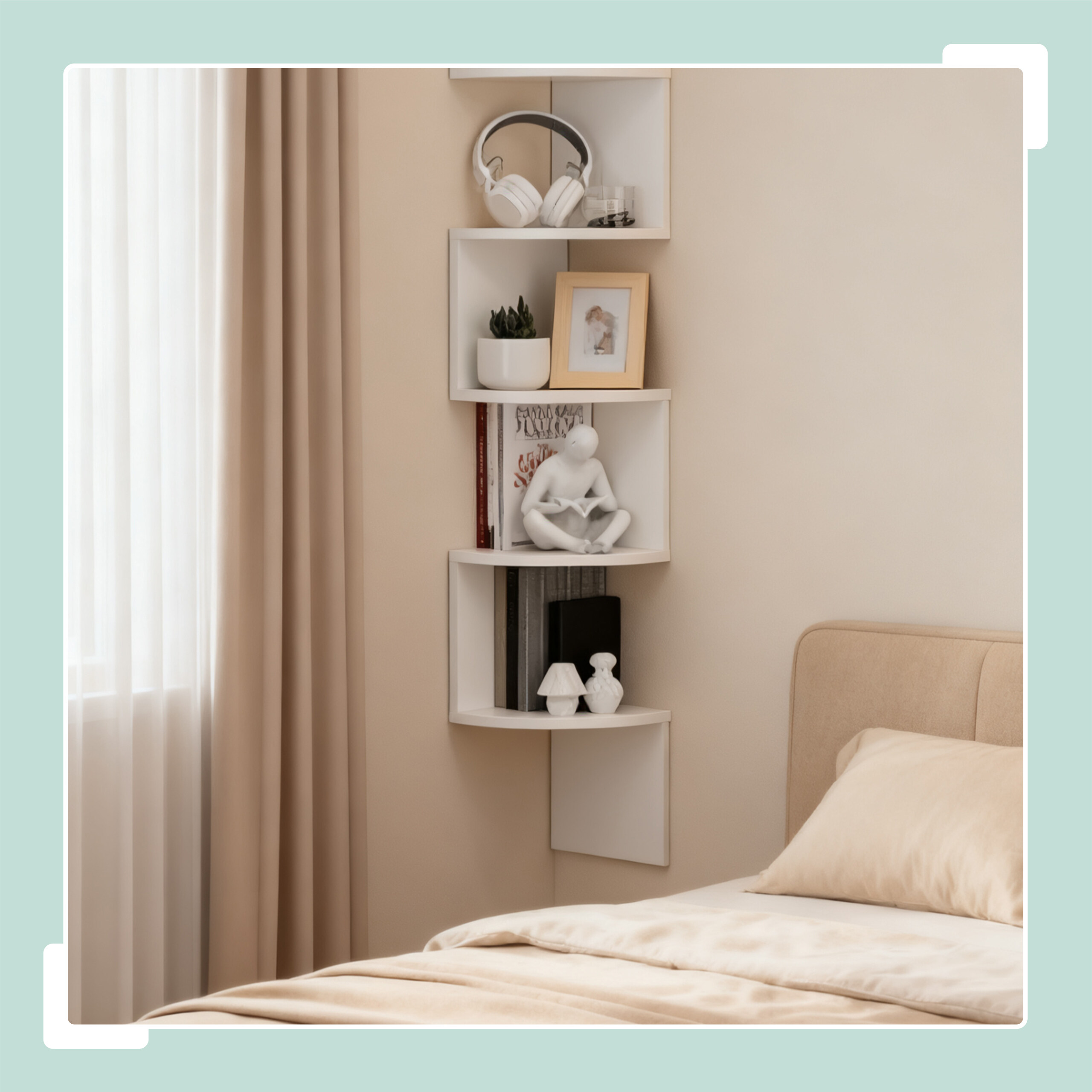 Eine Zimmerecke zeigt ein weißes Eckregal mit Kopfhörern, Pflanzen und Dekoration, neben einem beige Bett.
