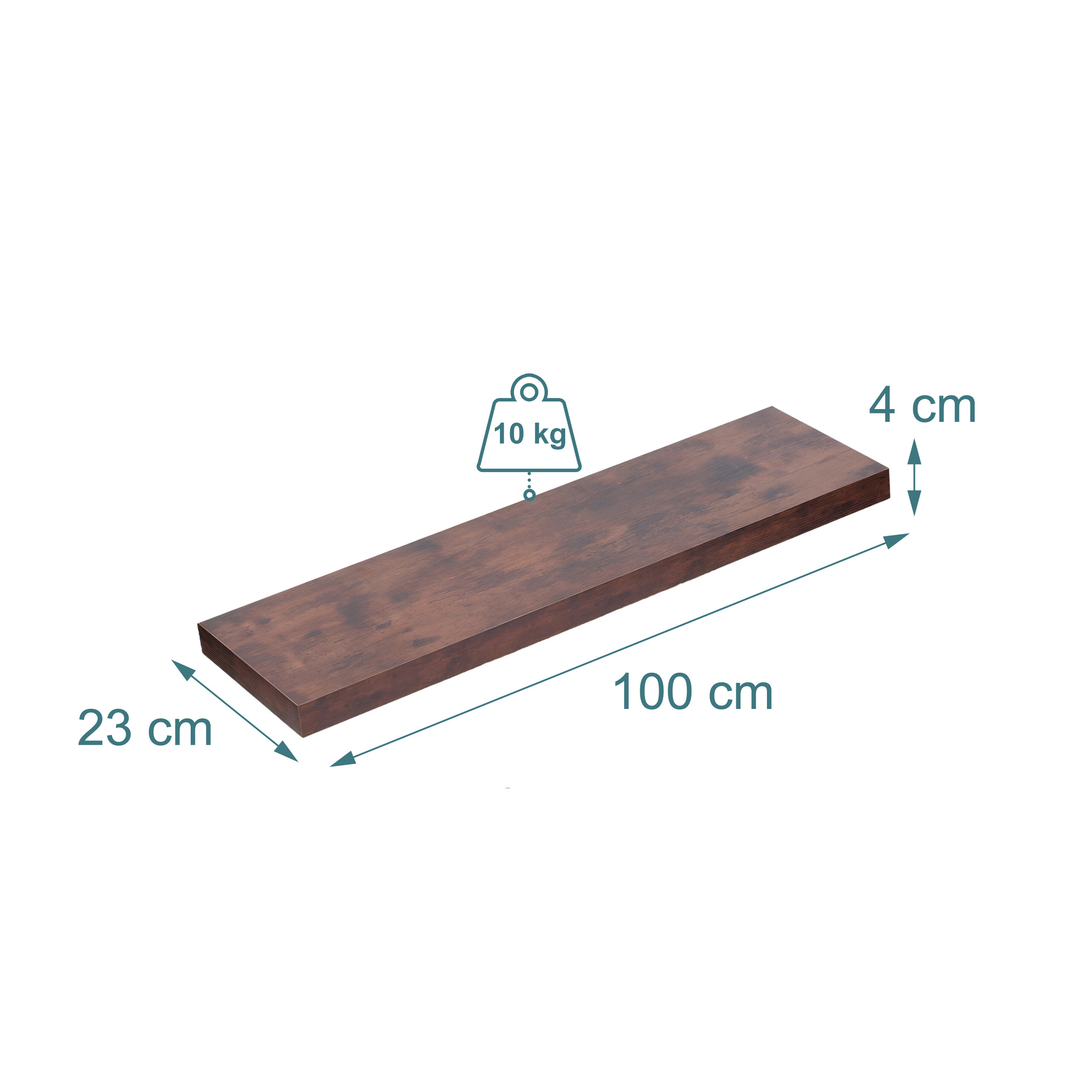 Dunkles Holzregal mit den Maßen 100x23x4 cm und 10 kg Belastbarkeit.
