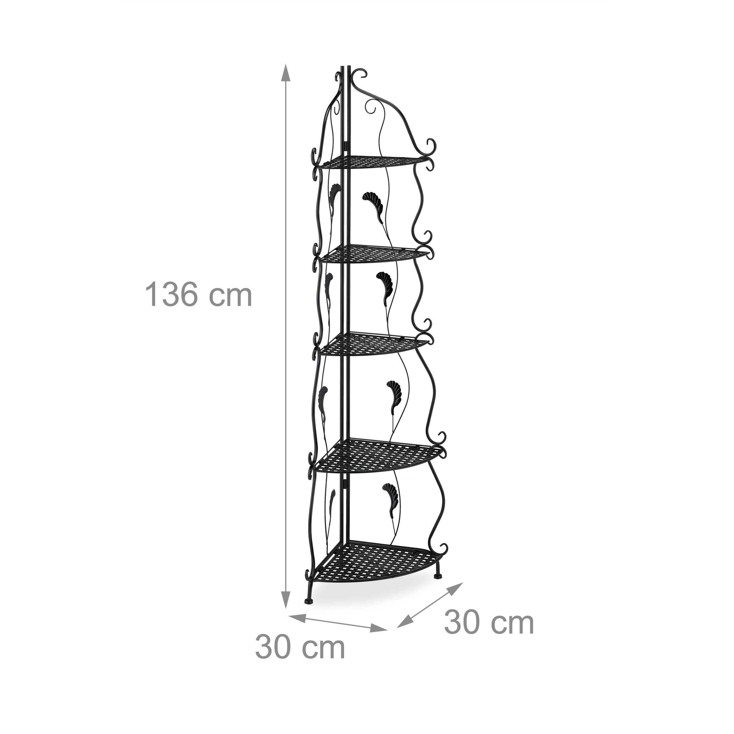 Schwarzes Eckregal aus Metall mit fünf Gitterablagen, verziert mit Blättermustern, Höhe 136 cm, Seiten 30 cm.