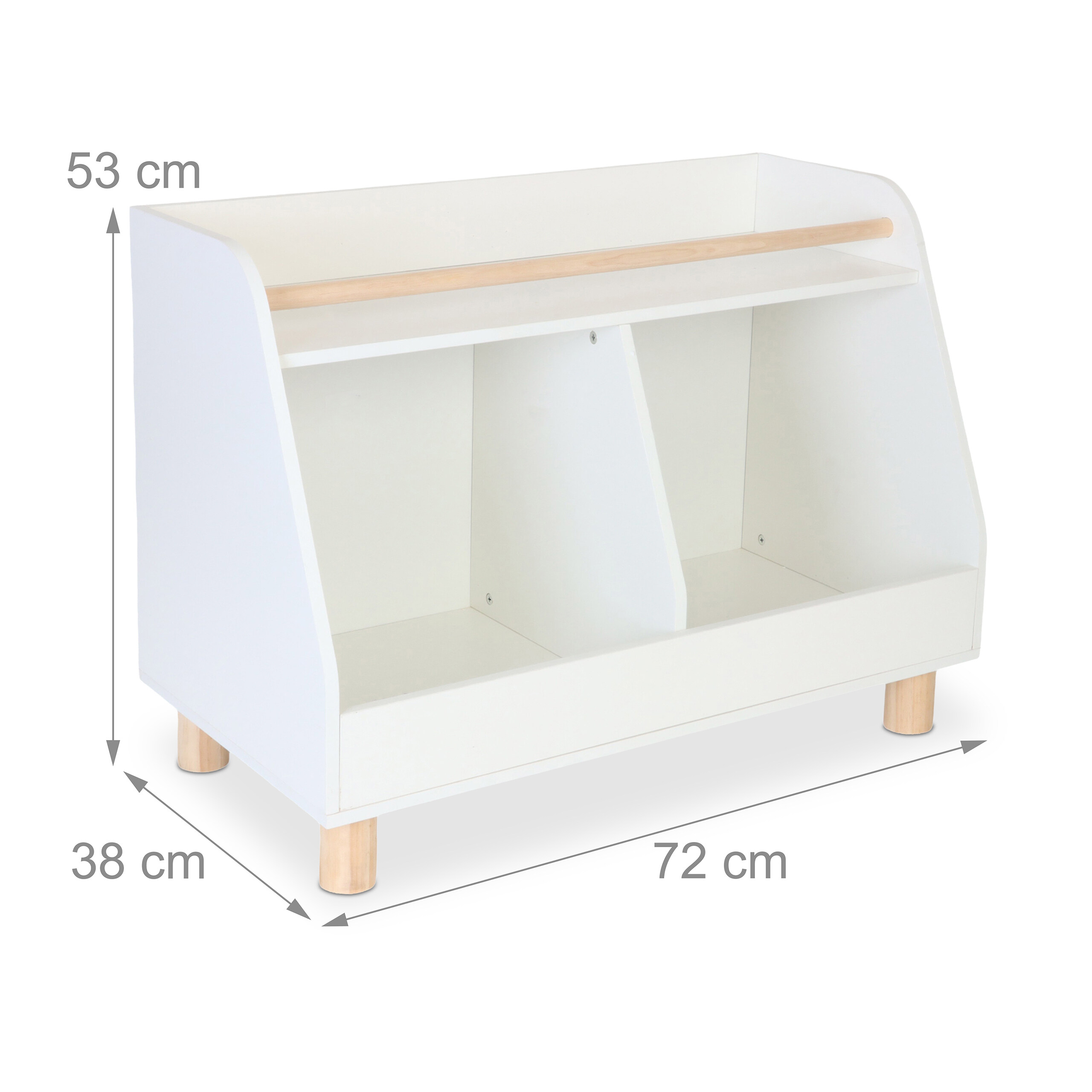 Weißes Kinderregal mit Holbeinen und Maßen von 72x38x53 cm.