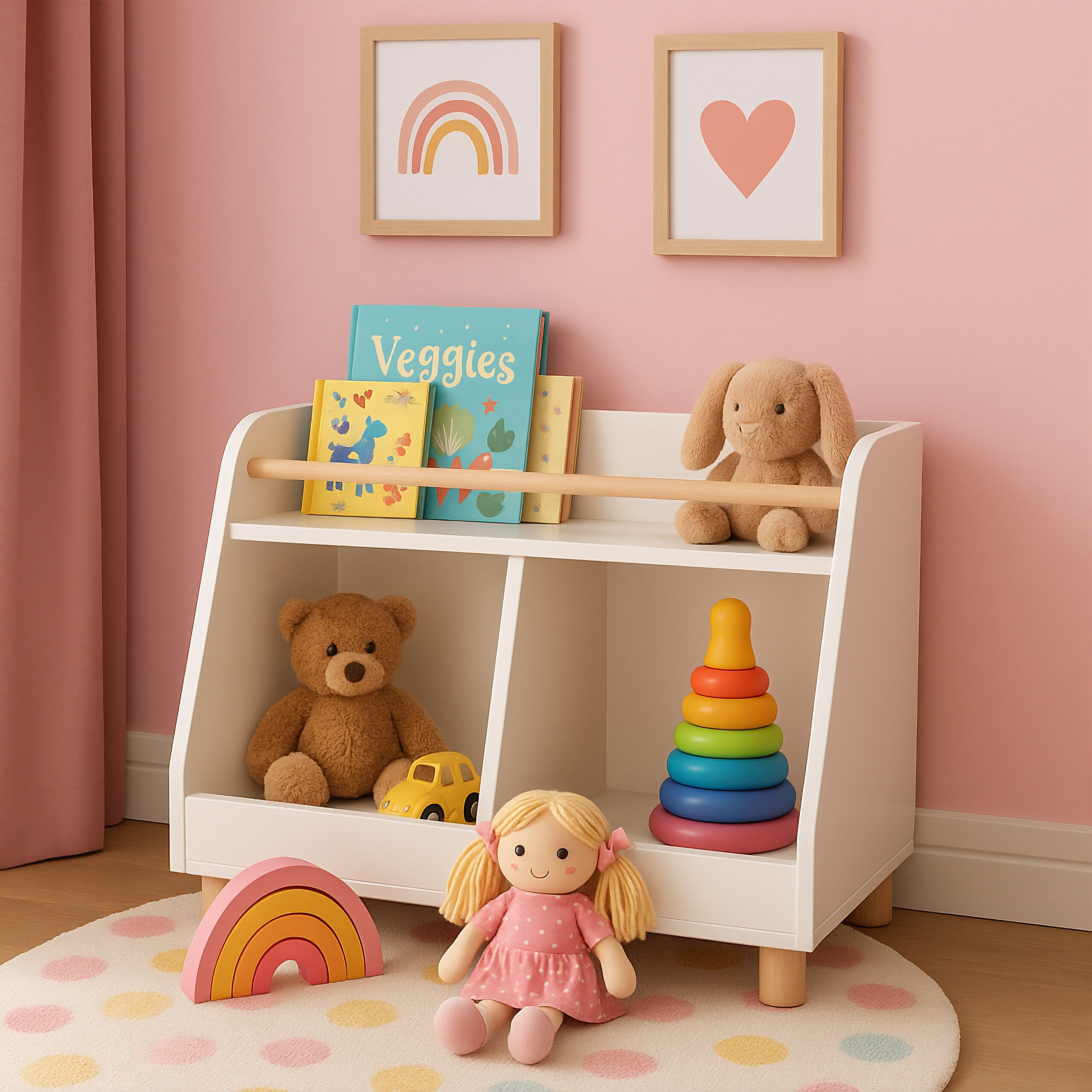 Weißes Bücherregal mit Spielzeug und Bilderrahmen vor einer rosa Wand.