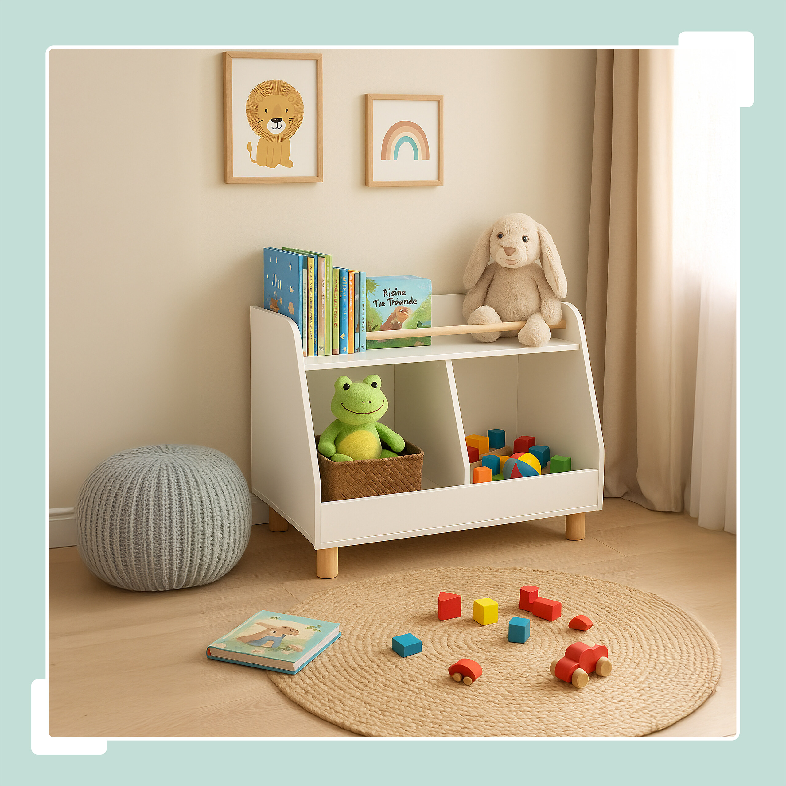 Kinderspielzimmer mit weißem Regal voller Bücher und Stofftiere sowie Holzspielzeug auf einem Juterandteppich.