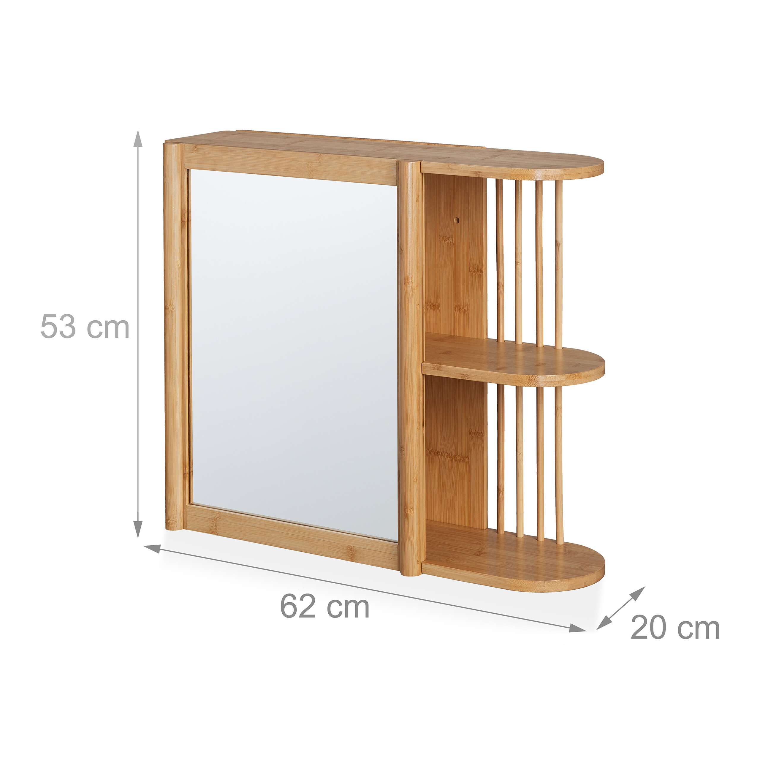Bambus-Wandschrank mit Spiegel, seitlichen Regalen und Maßen von 62x53x20 cm auf weißem Hintergrund.