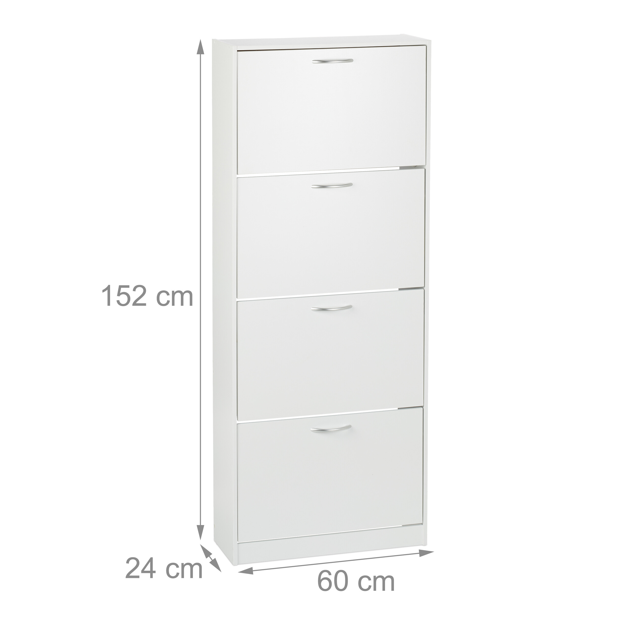 Ein weißer Schuhschrank mit vier Fächern und Maßangaben in Zentimetern.