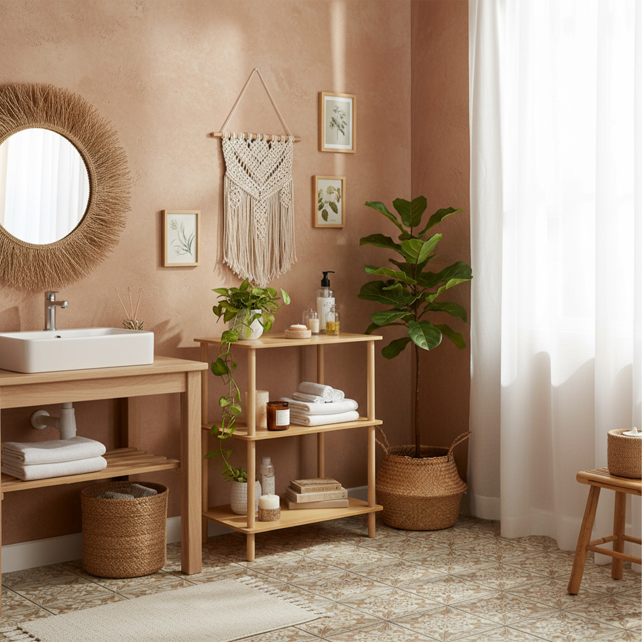 Warmes, bohemian Badezimmer mit Holztisch, rundem Spiegel, Makramee-Wandbehang und Topfpflanzen.