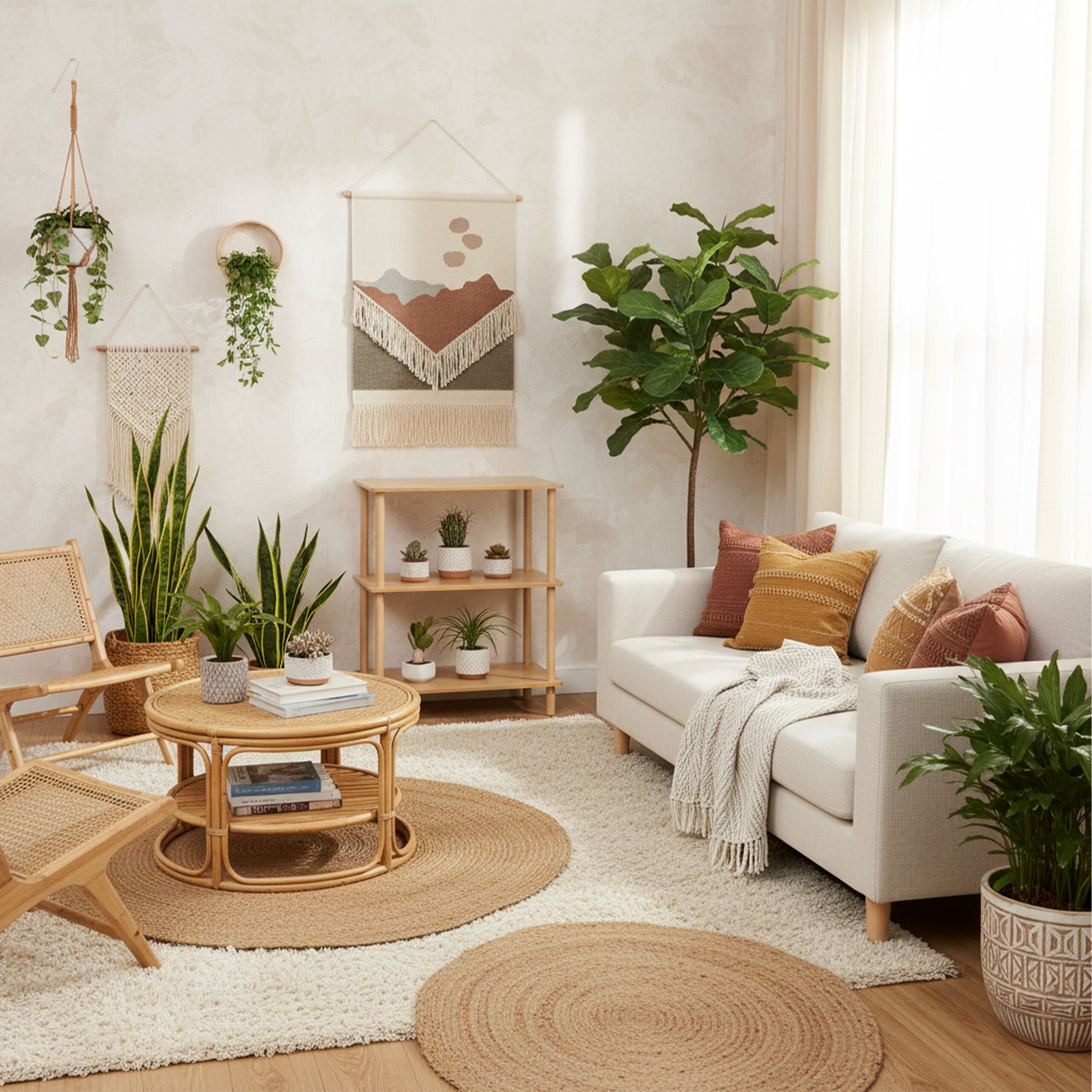 Gemütliches Wohnzimmer im Boho-Stil mit hellem Sofa, Korbmöbeln, zahlreichen Zimmerpflanzen und Wandteppichen.