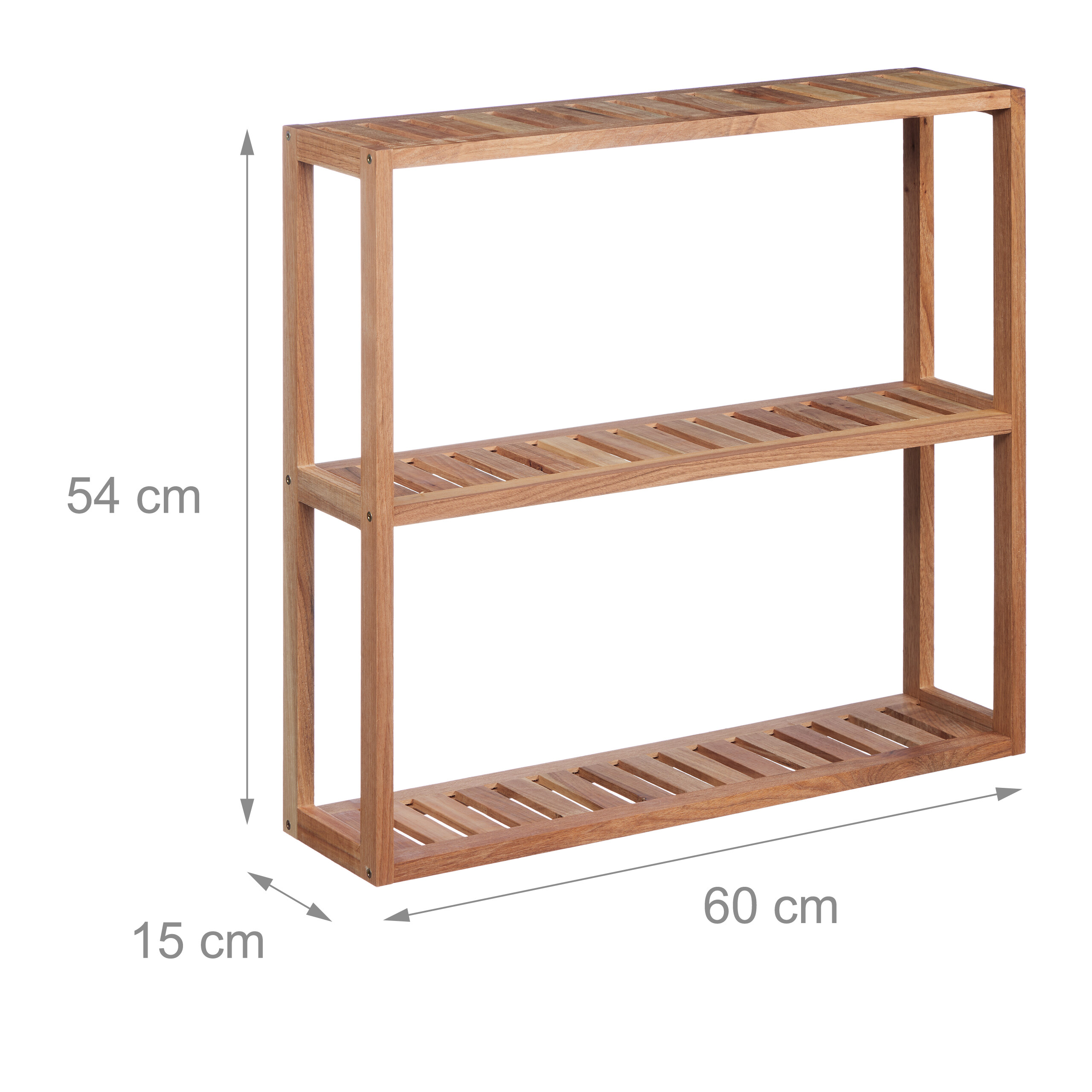 Ein rechteckiges Holzregal mit drei Lattenböden, 60 cm breit, 54 cm hoch und 15 cm tief.