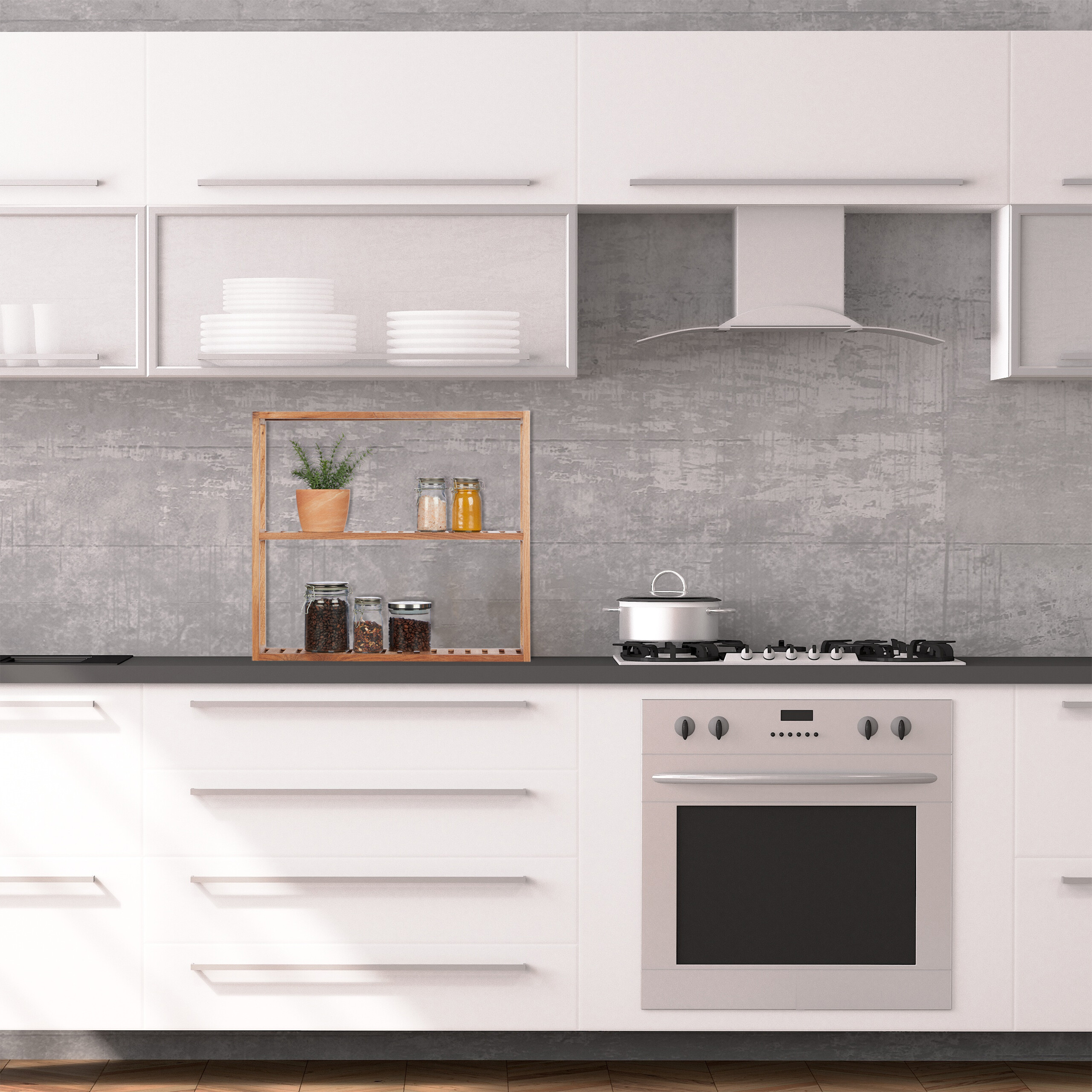 Moderne weiße Küche mit Betonwand, Gasherd, Ofen, Holzregal mit Gläsern und einer Pflanze vor grauem Hintergrund.