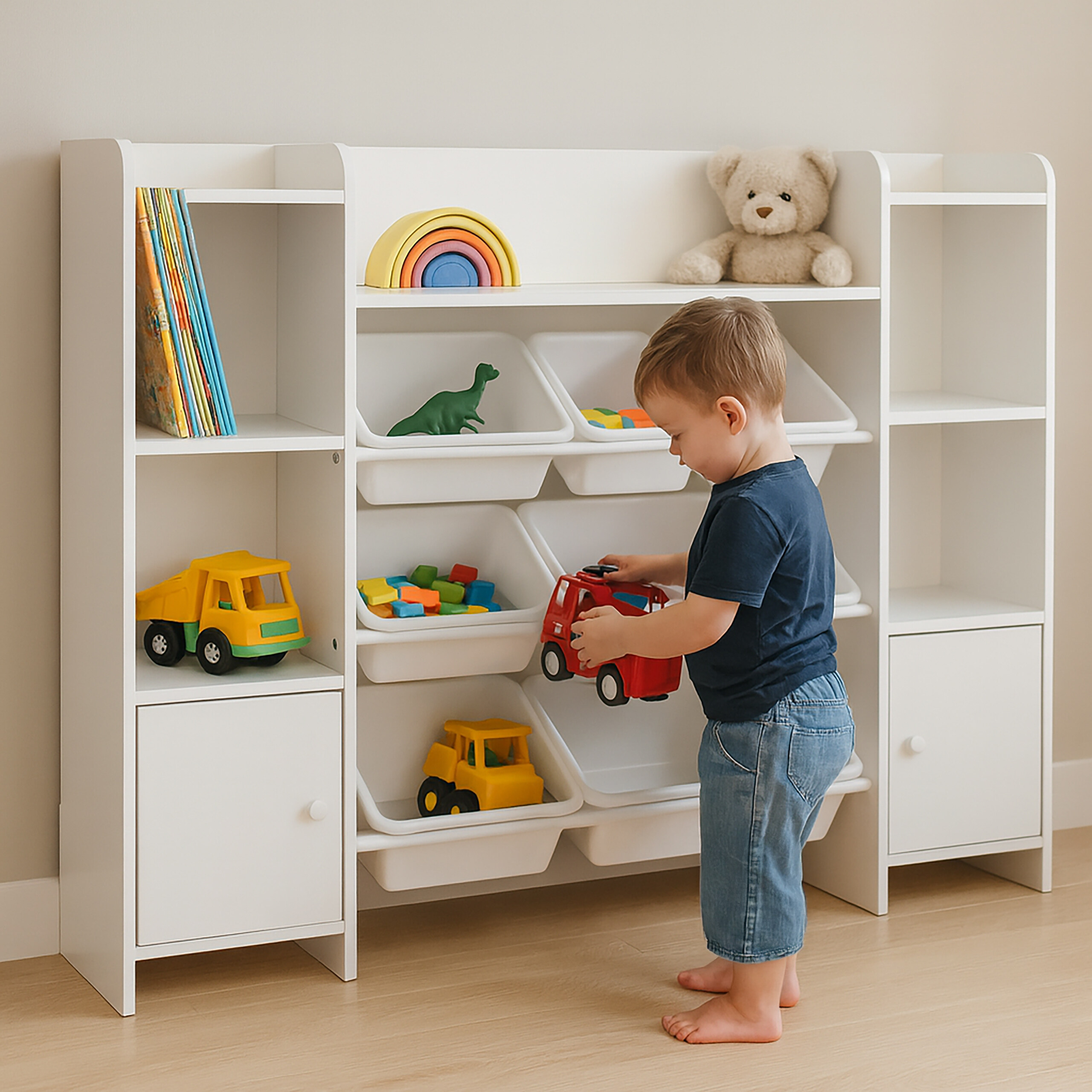 Kleinkind in blauem Shirt und Jeans spielt im Zimmer vor einem großen weißen Spielzeugregal mit verschiedenen Spielsachen.