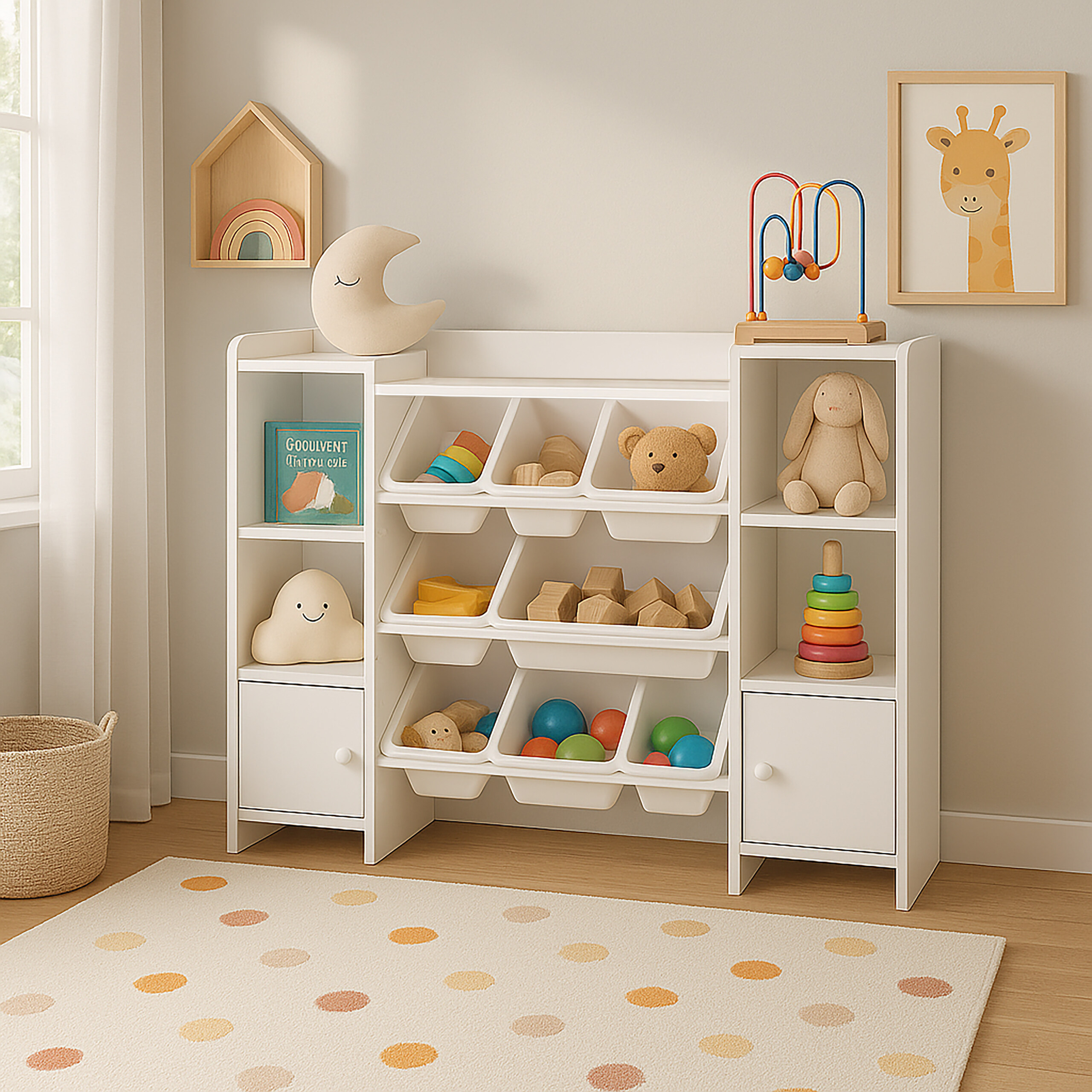 Ein weißes Spielzeugregal mit Boxen und Spielzeug steht in einem hellen Kinderzimmer auf einem gepunkteten Teppich.