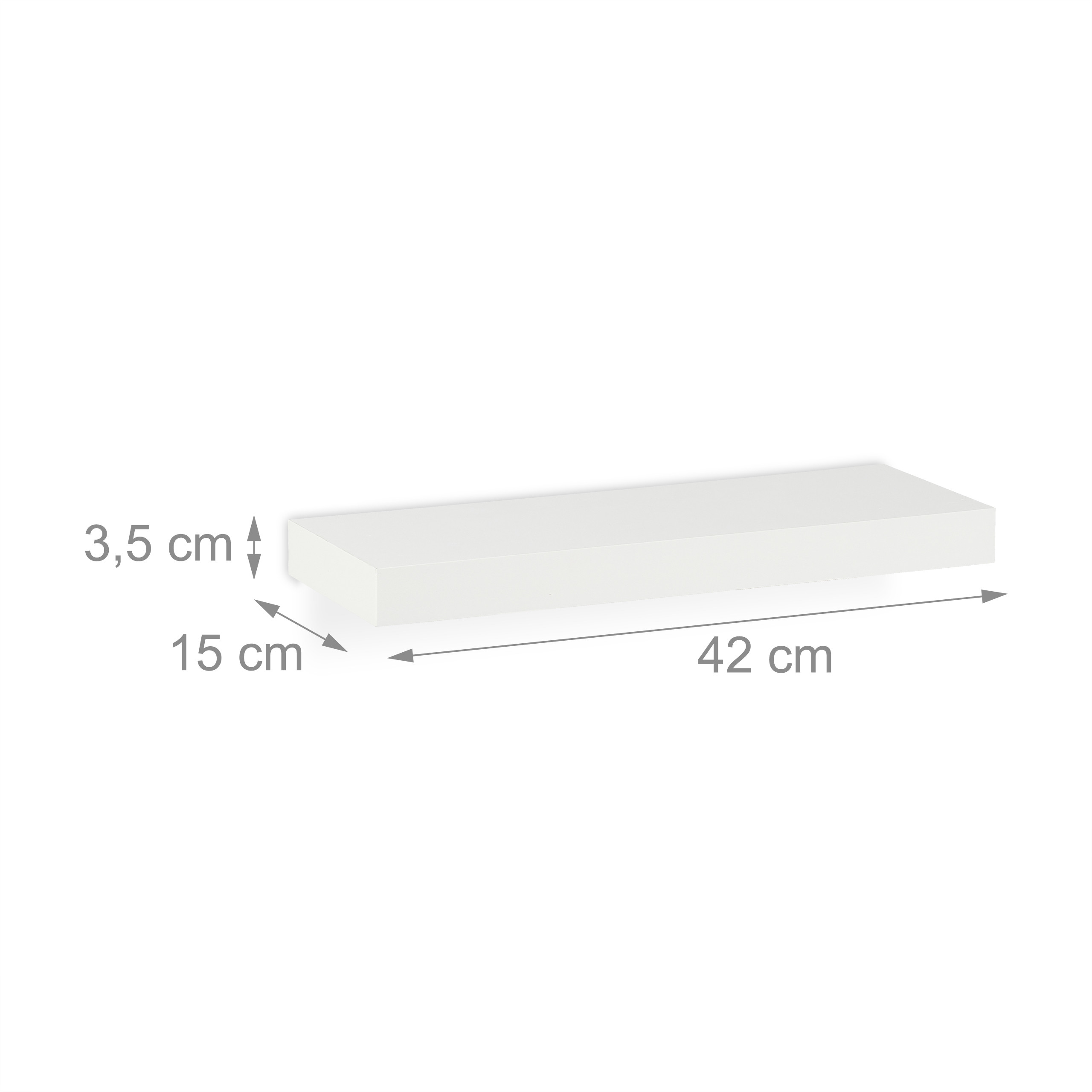 Ein weißes Wandboard mit Maßangaben von 42 cm Länge, 15 cm Tiefe und 3,5 cm Dicke.