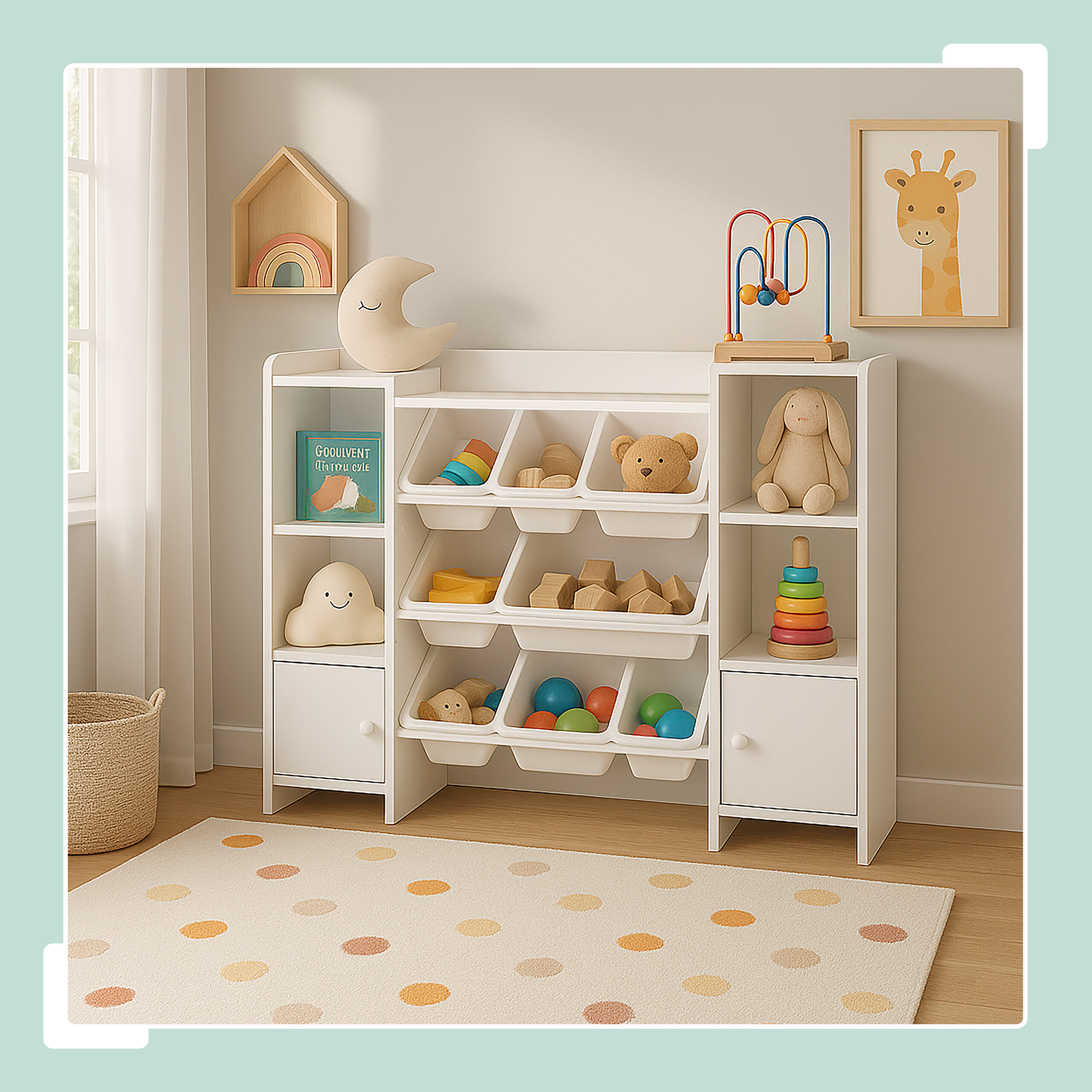 Weißes Kinderregal mit Plastikboxen, Spielzeug, Plüschtieren und einem gepunkteten Teppich im hellen Raum.