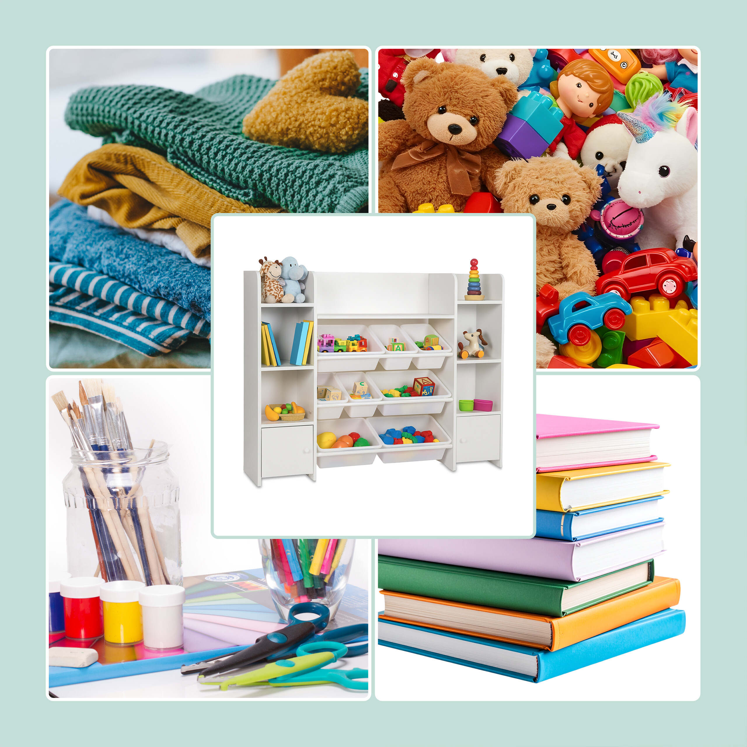 Eine Collage zeigt gefaltete Kleidung, Plüschtiere, eine Aufbewahrungsbox, Malutensilien und Bücher.