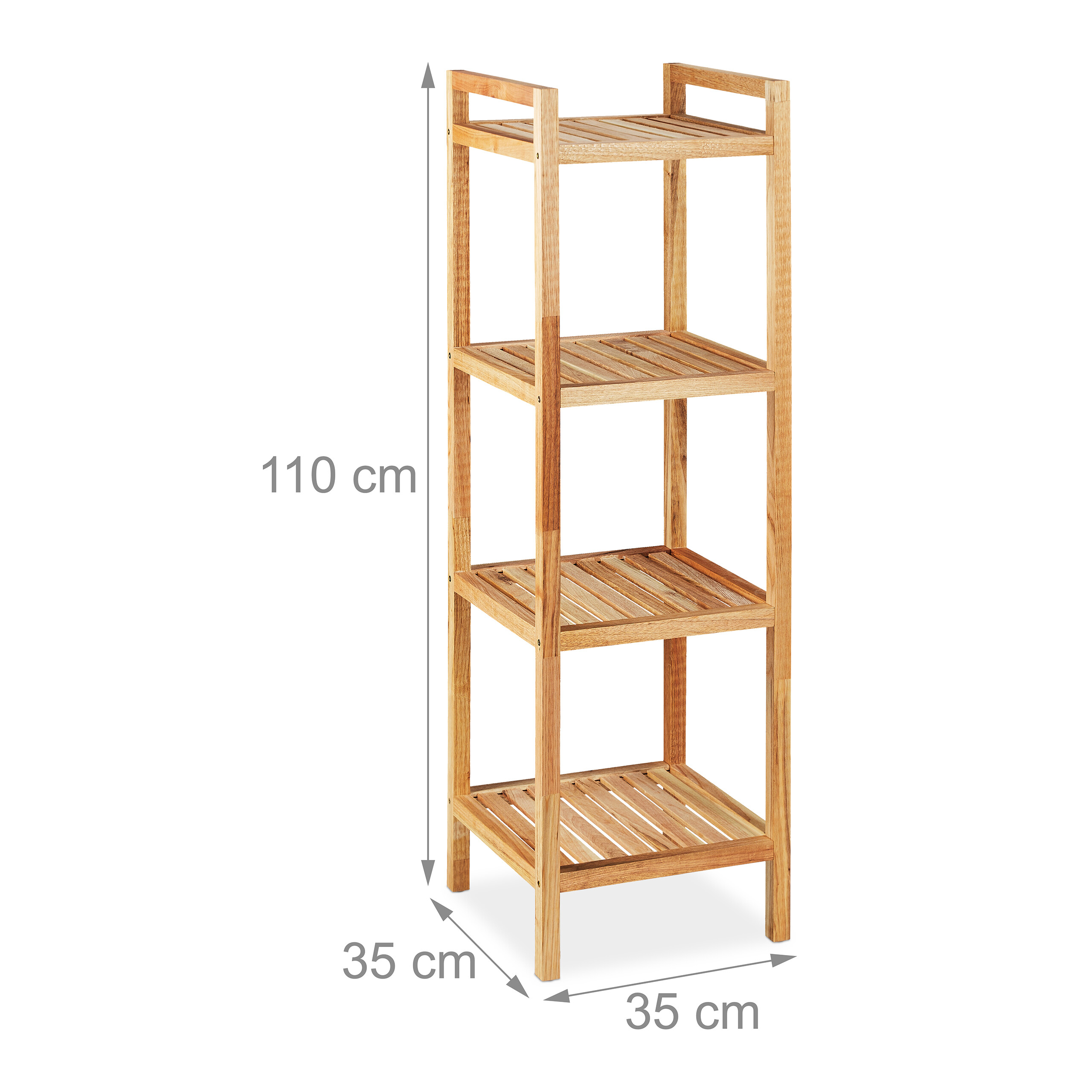 Ein hölzernes Standregal mit vier Ablagen und Maßen von 110x35x35 cm auf weißem Hintergrund.