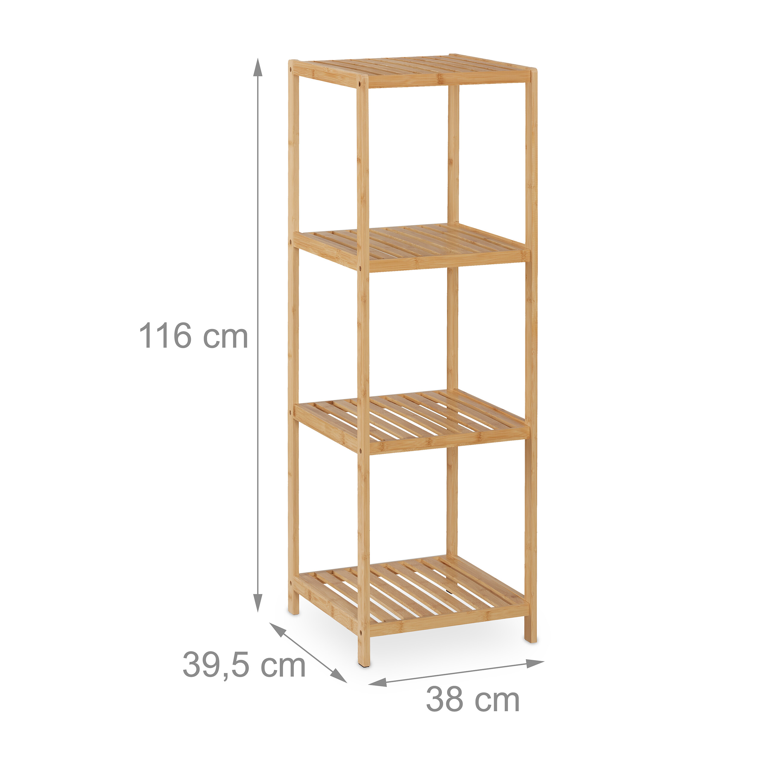 Ein schmales, vierstufiges Bambusregal mit Maßangaben von 116 cm Höhe, 38 cm Breite und 39,5 cm Tiefe.